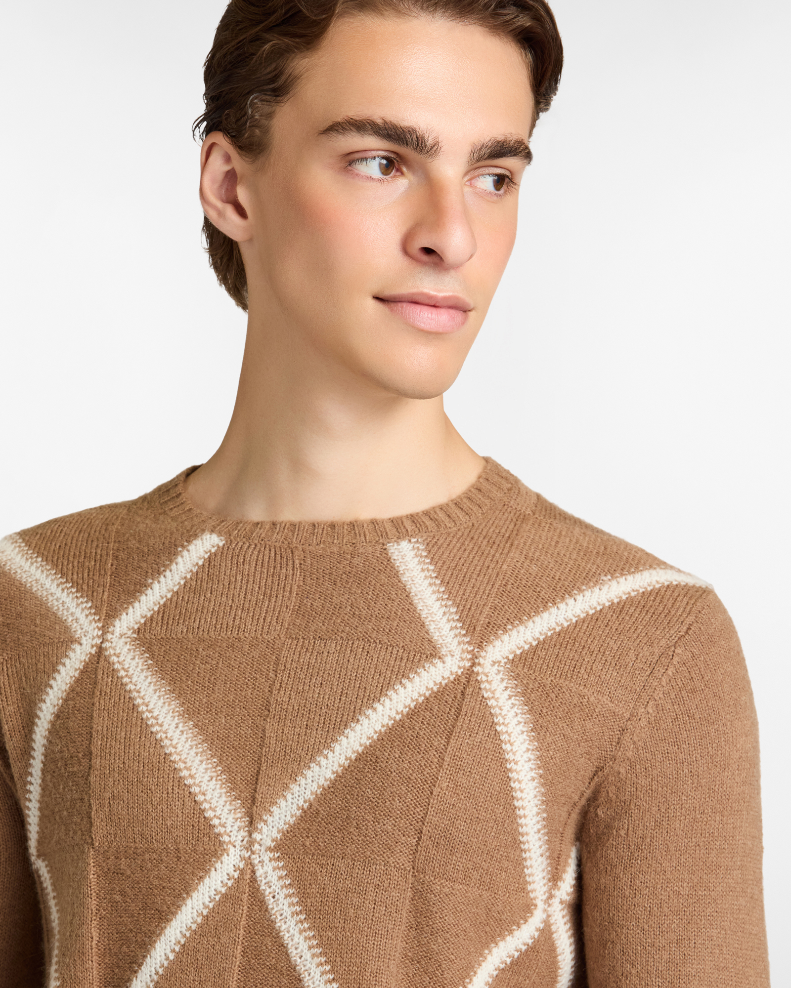 Crewneck Sweater with Argyle Pattern, Brown, large image number 2