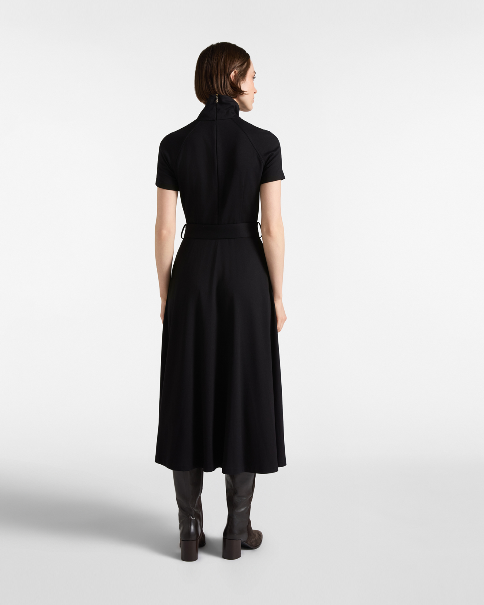 Women&rsquo;s short-sleeved, high-neck dress in  Milanese knit fabric, BLACK, large