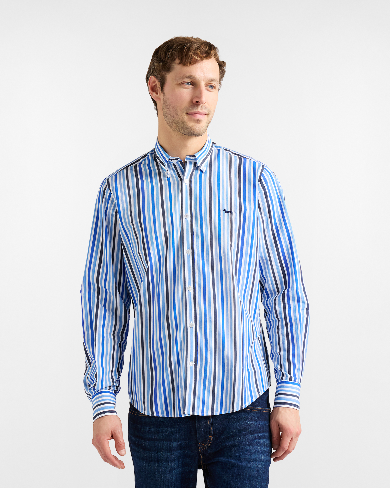 Camicia stampa righe acquerellate, Uomo, Blu Chiaro, Taglia: S