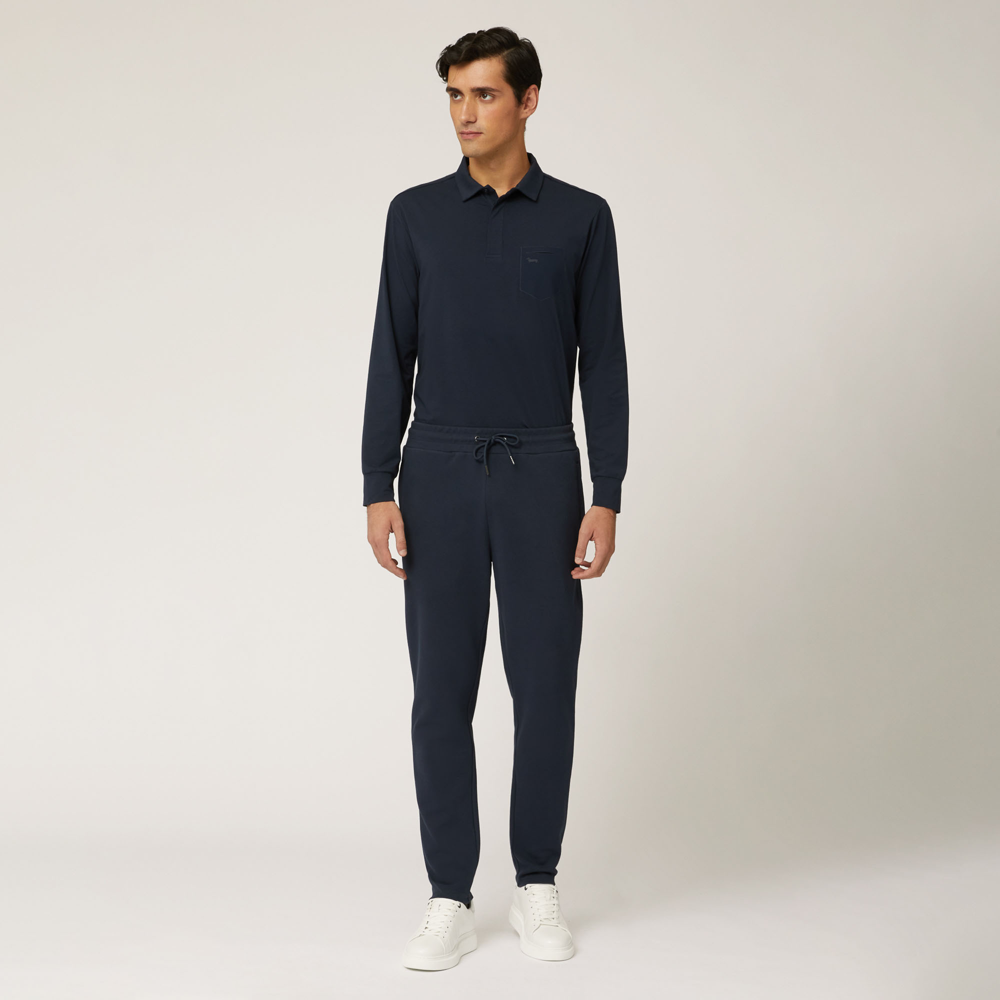 Polo A Maniche Lunghe In Cotone Stretch Con Taschino, Blu Navy, large image number 3