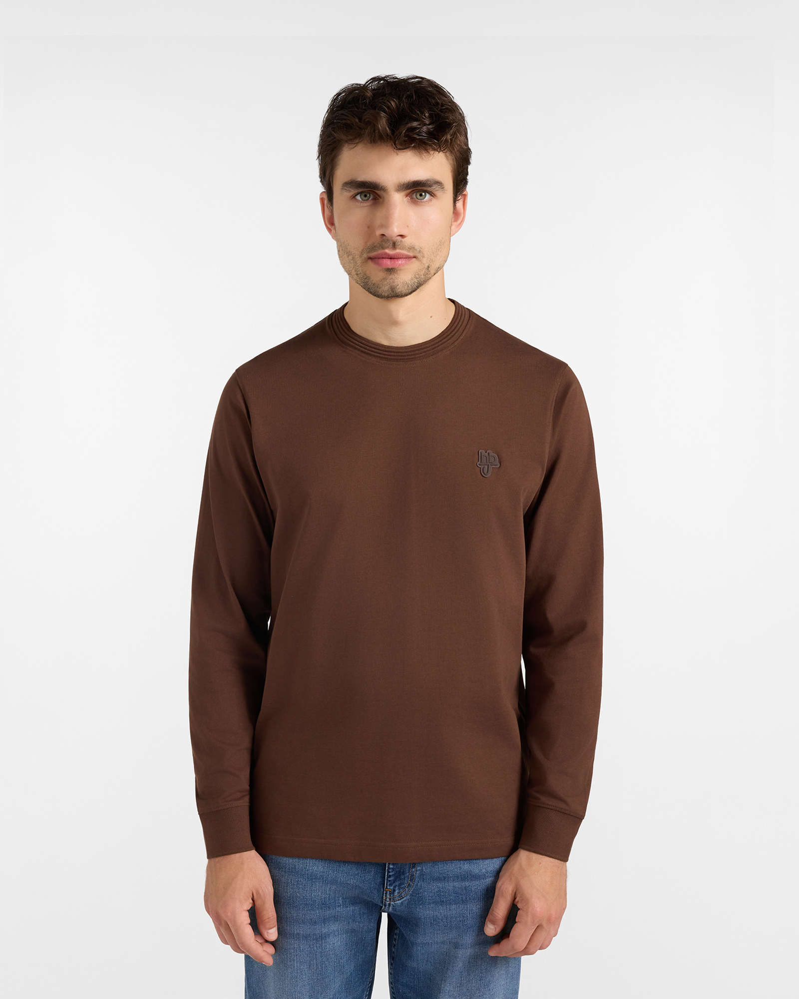 T-shirt HBJ Uomo con Patch Logo in Puro Cotone, MARRONE, large