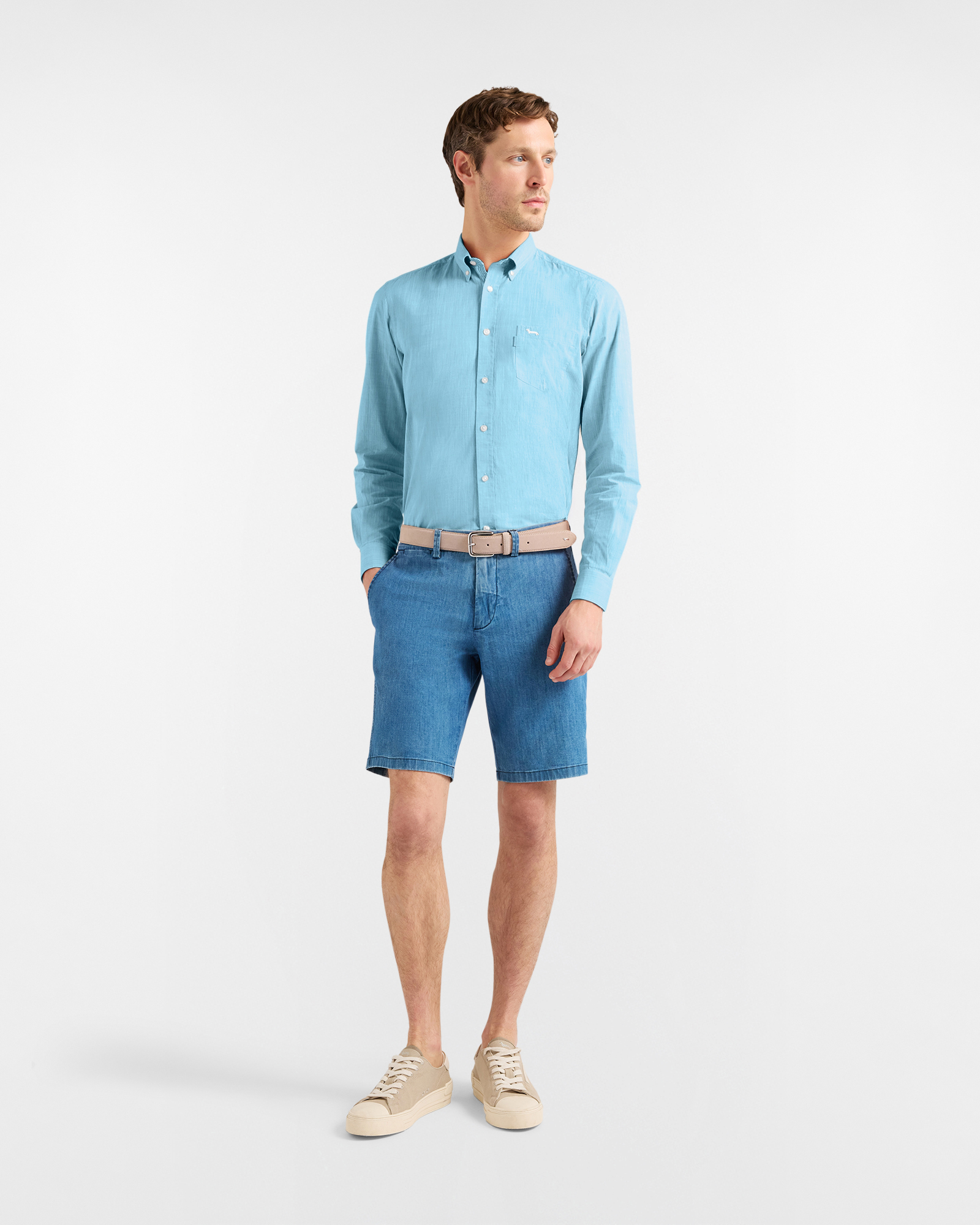 Men's narrow-fit cotton shirt with details, Celeste, large image number 3