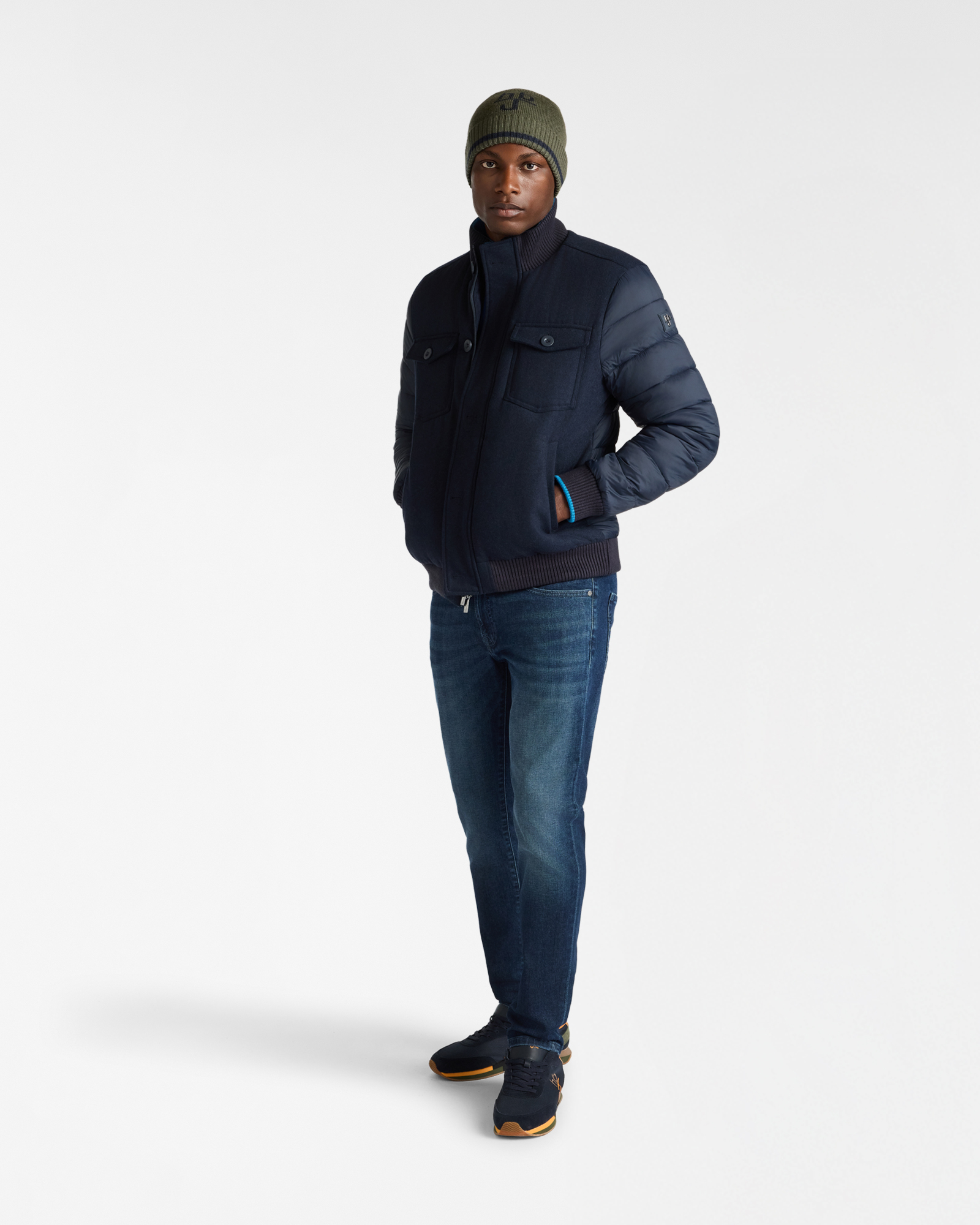 Padded Bomber Jacket in Nylon and Wool with Knitted Collar, Dark Blue, large image number 3