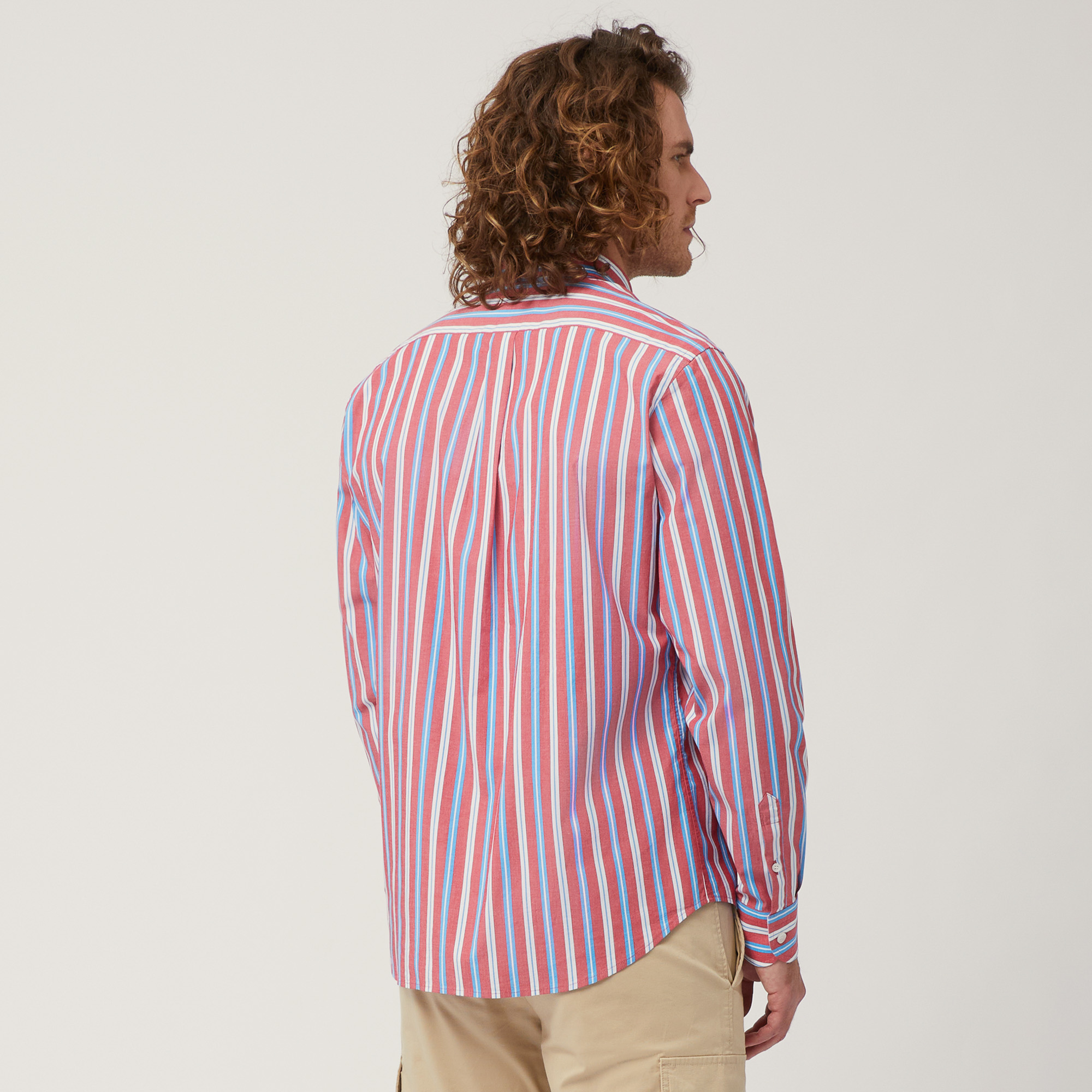 Stretch Cotton Shirt with Alternating Stripes, Light Red, large image number 1