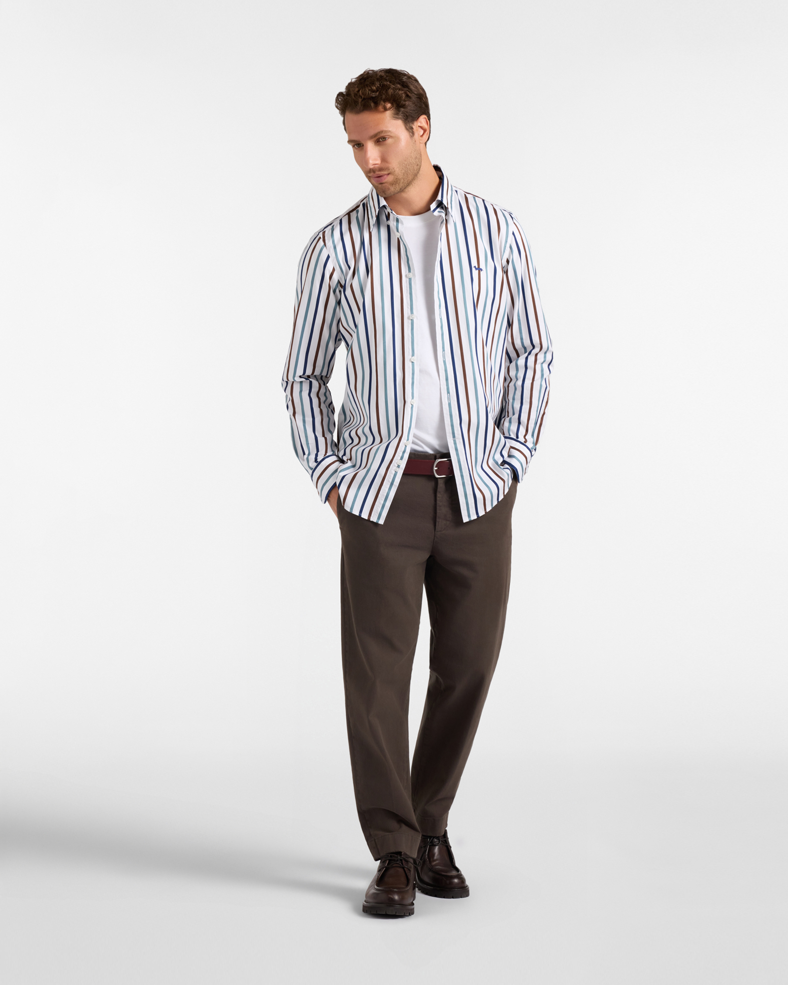 Men's regular-fit yarn-dyed poplin shirt with satin stripe, DARK BROWN, large