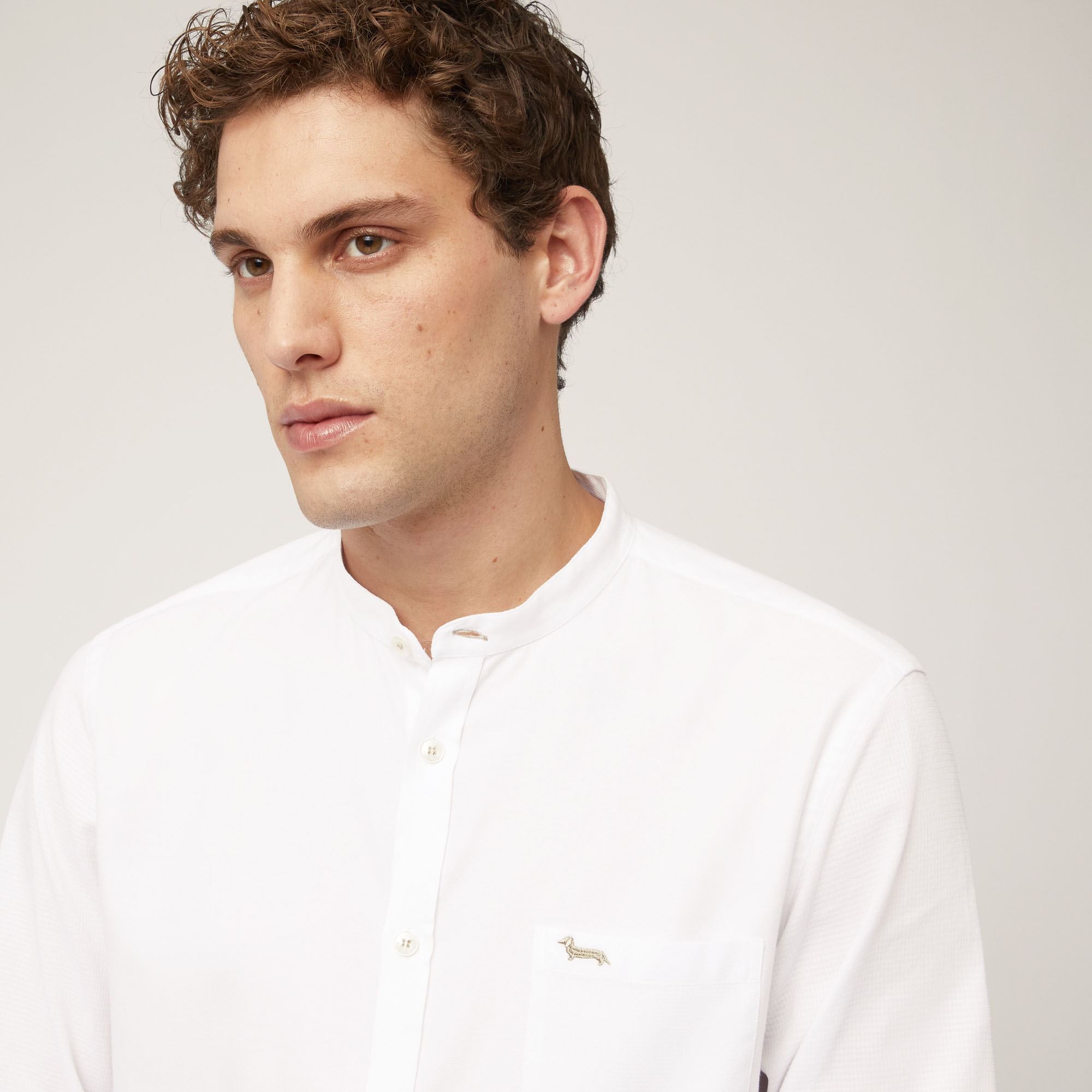 Woven Cotton Shirt with Mandarin Collar and Breast Pocket, White, large image number 2