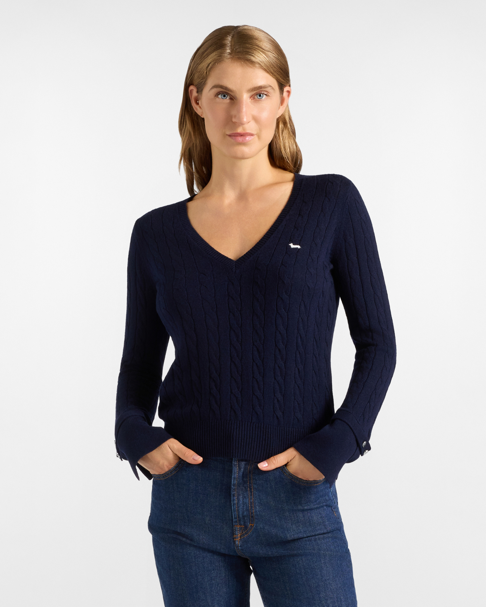 Women's regular fit V-neck sweater in blue wool blend with cashmere