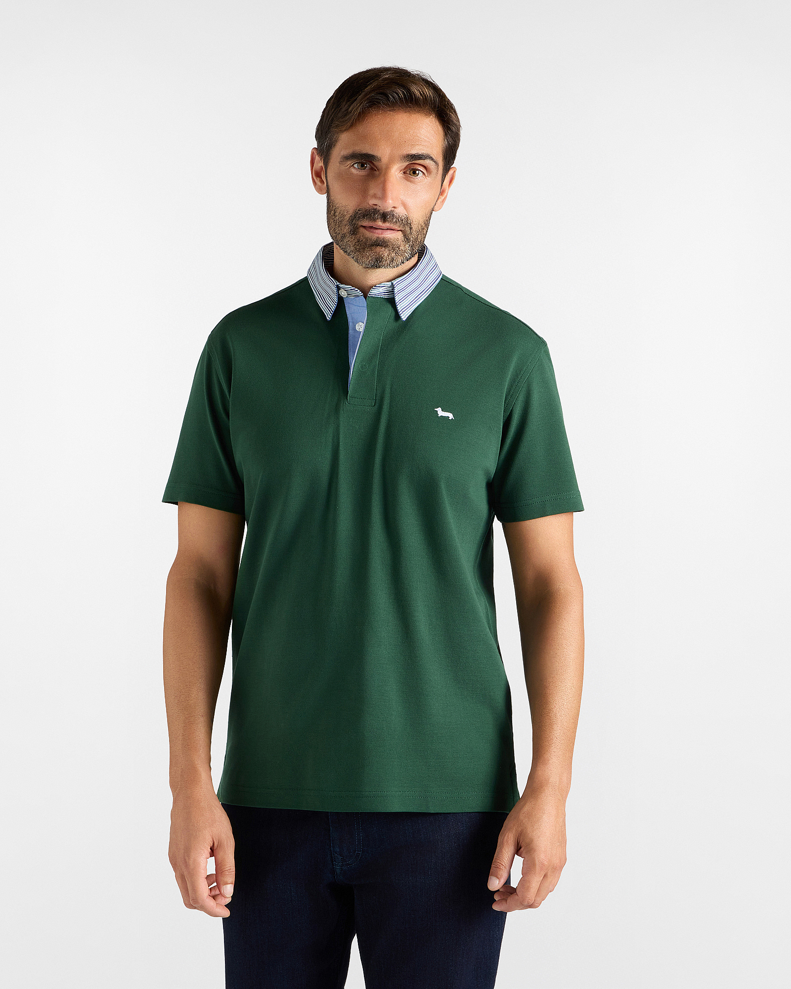 Men's Vietri polo shirt in green cotton piqu&eacute; with contrasting striped collar