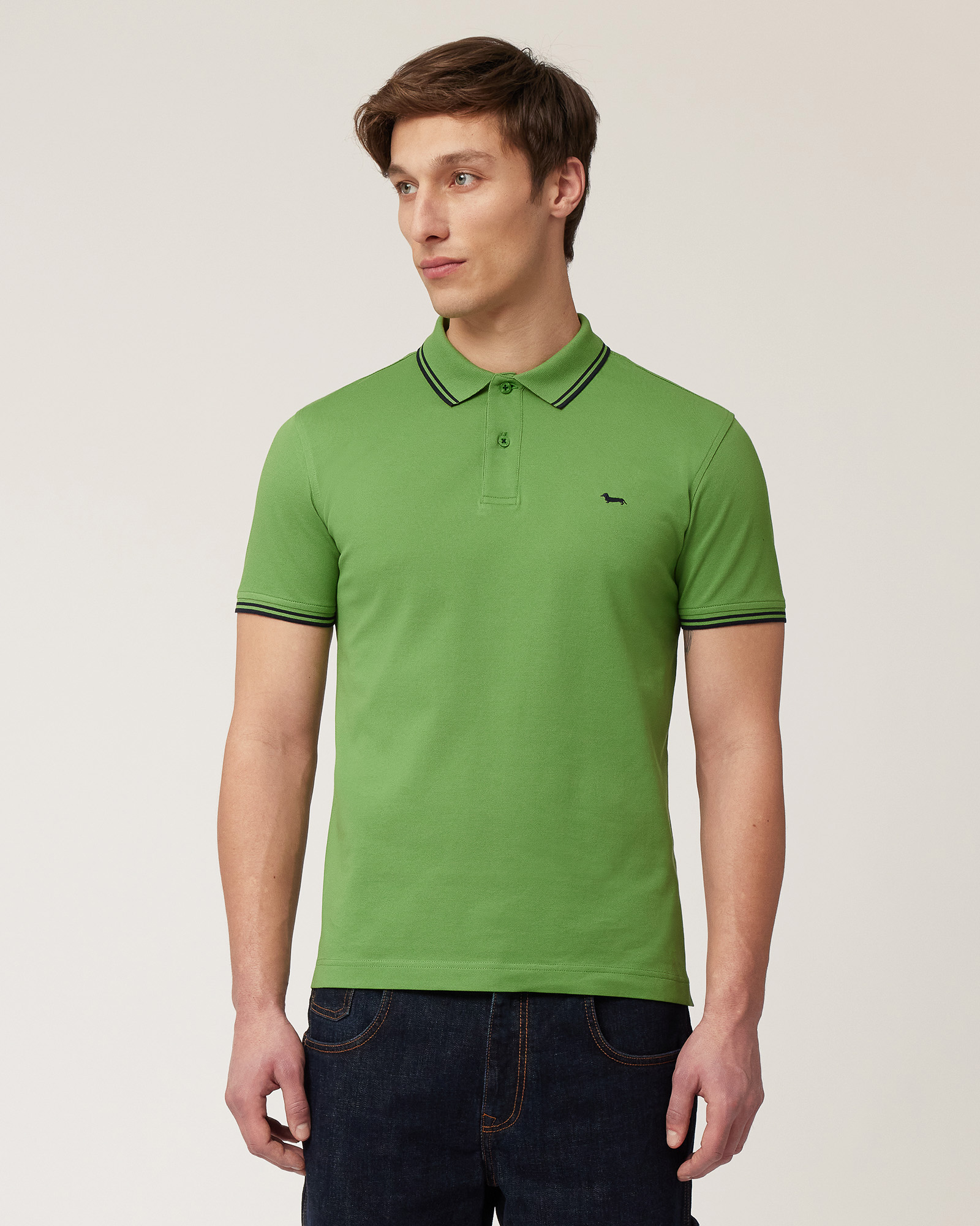 Polo with Striped Details, Meadow Green, large