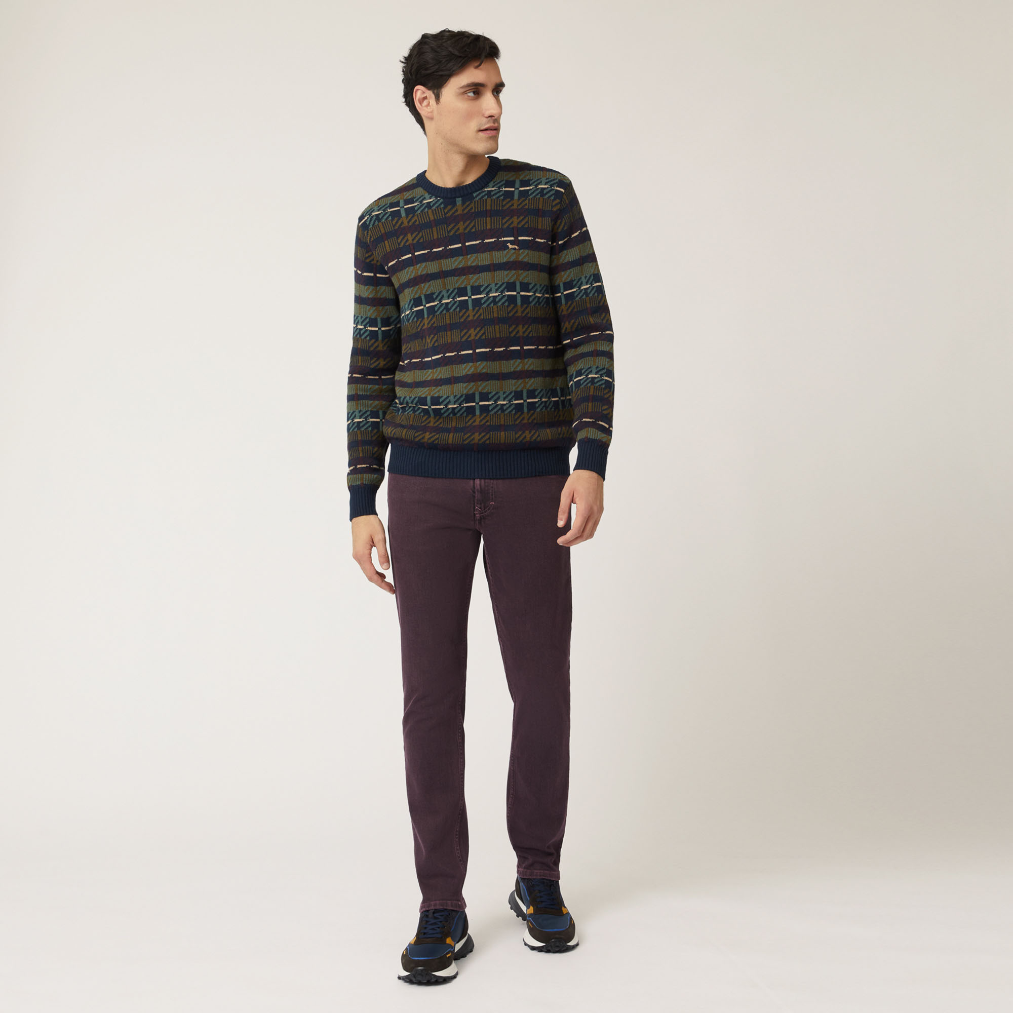 Pullover Girocollo In Lana E Cotone Con Fantasia All-Over, Blu Navy, large image number 3
