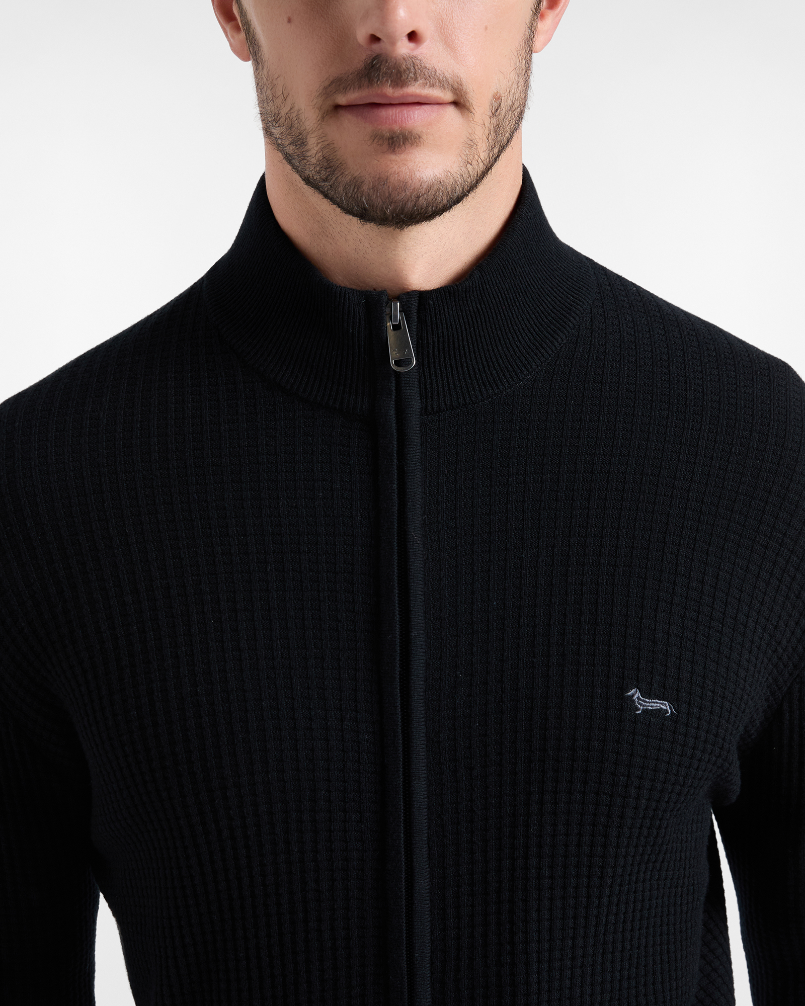 Maglia Uomo con collo alto full zip in misto lana e cotone Regular Fit, NERO, large