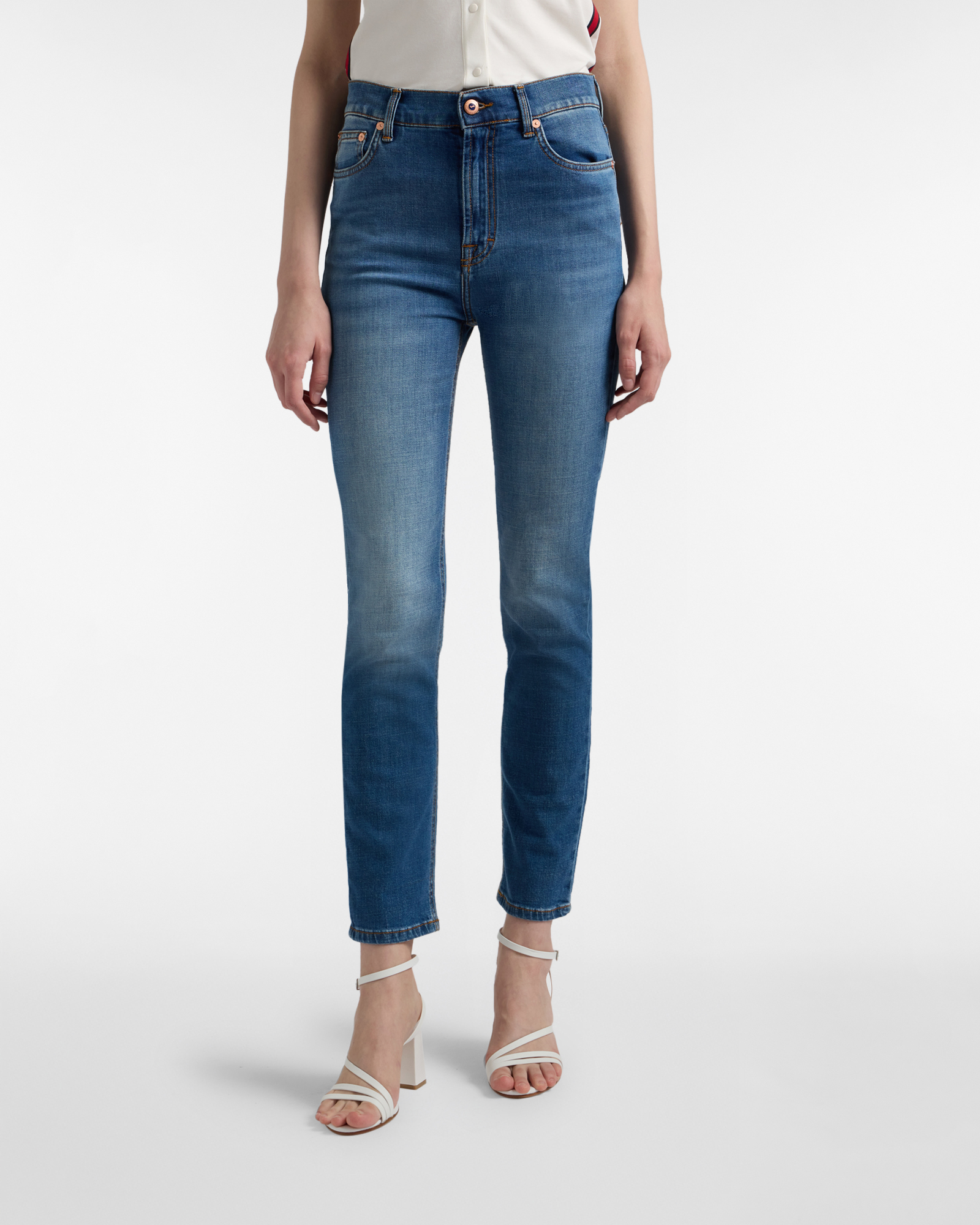 Pantaloni Donna 5 Tasche Slim in Denim, Donna, Blu Denim, Taglia: 36