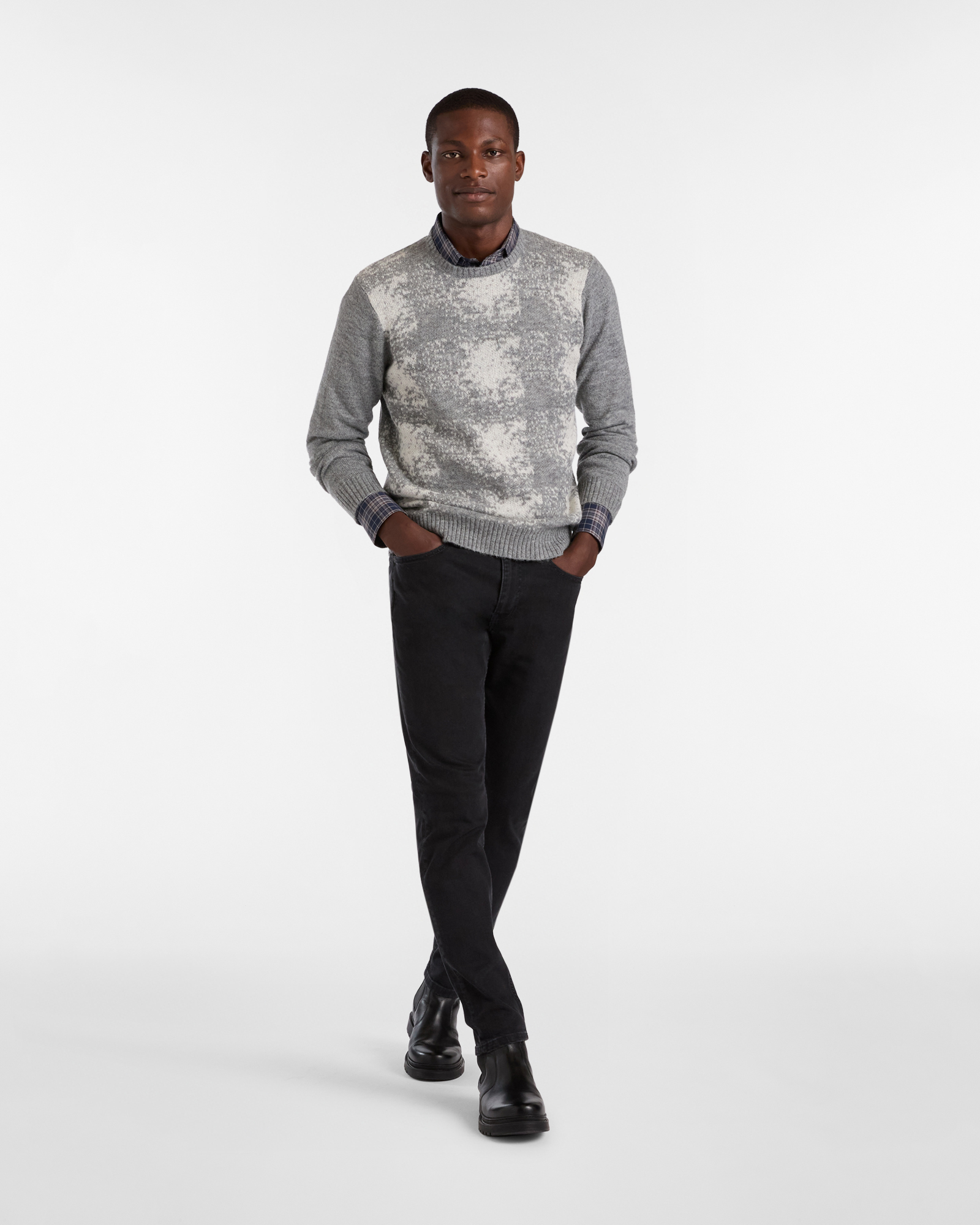 Crewneck Sweater with Distorted Check Pattern, Gray, large image number 3