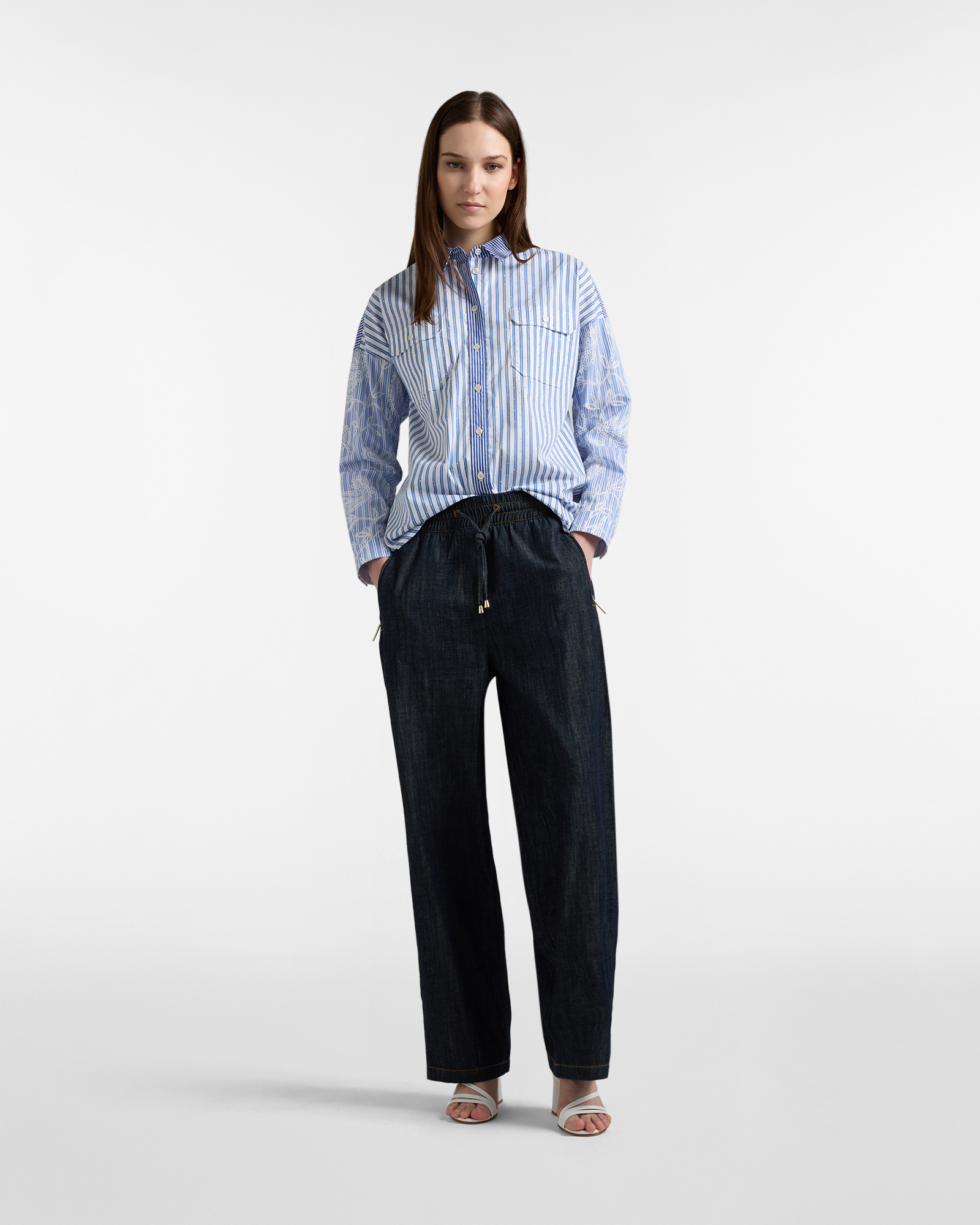 Women's oversized shirt with mixed striped fabrics, White, large image number 3