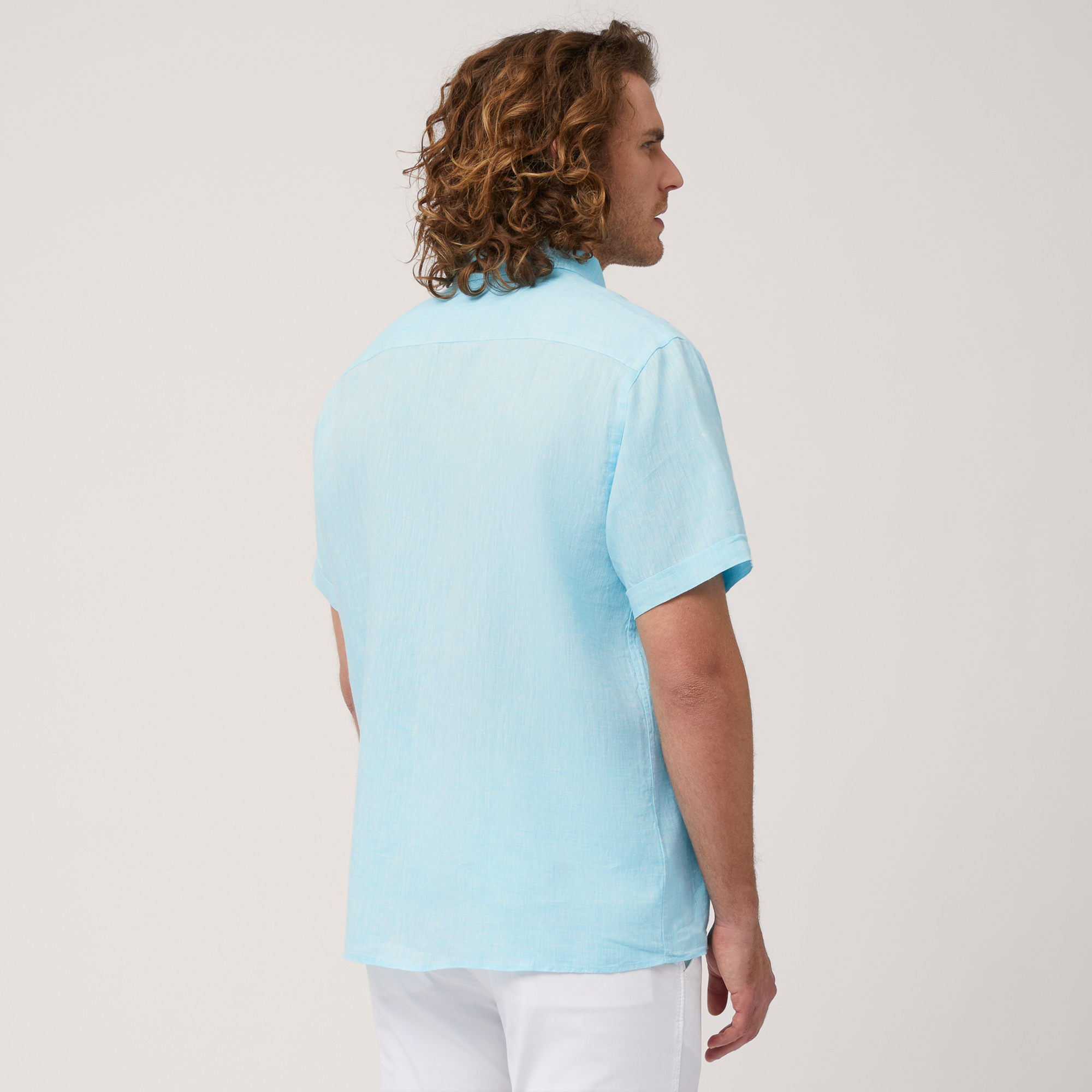 Linen Short-Sleeved Shirt, Turquoise Melange, large image number 1