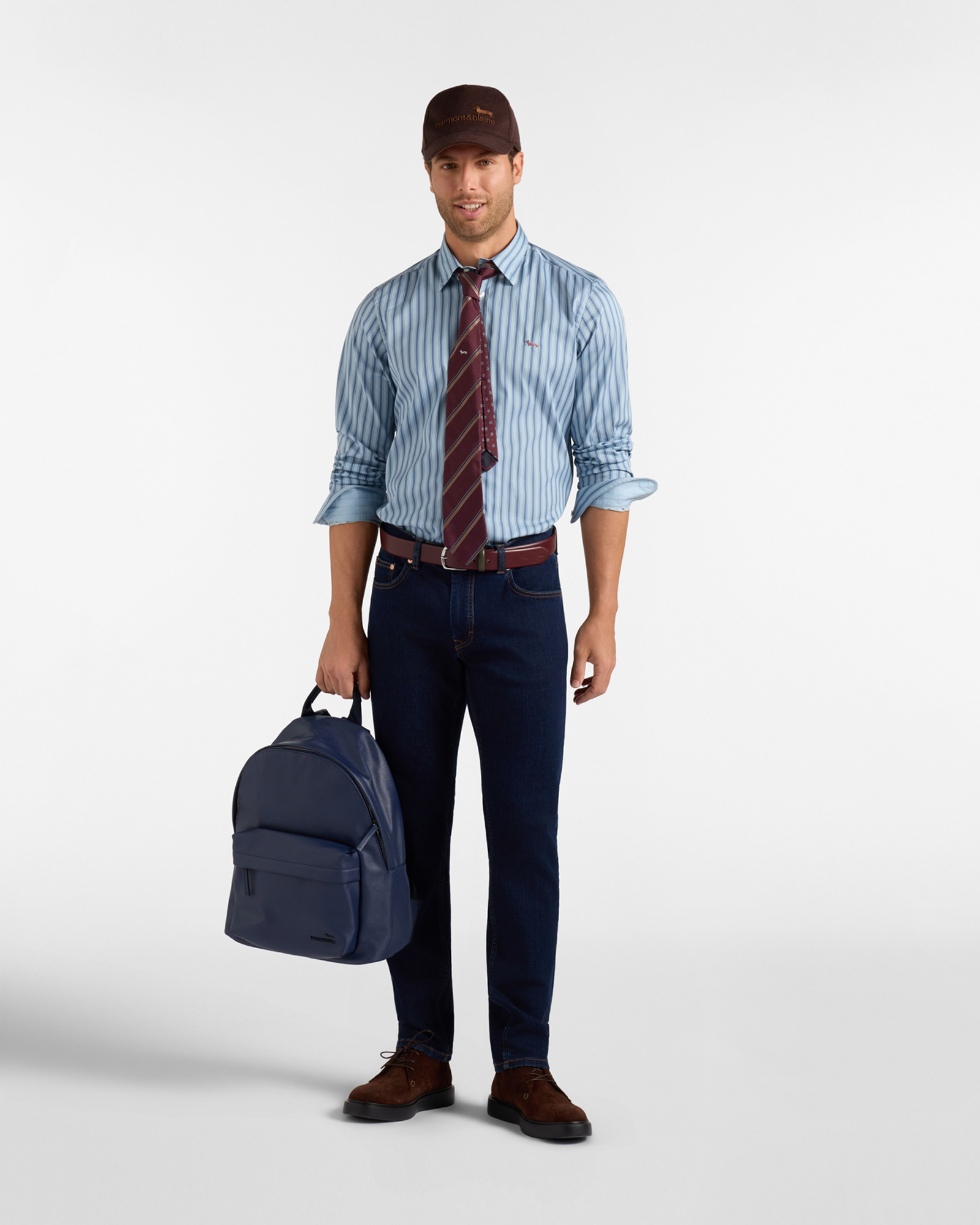 Camisa de hombre a rayas en sat&eacute;n el&aacute;stico de corte regular, AZUL CLARO, large