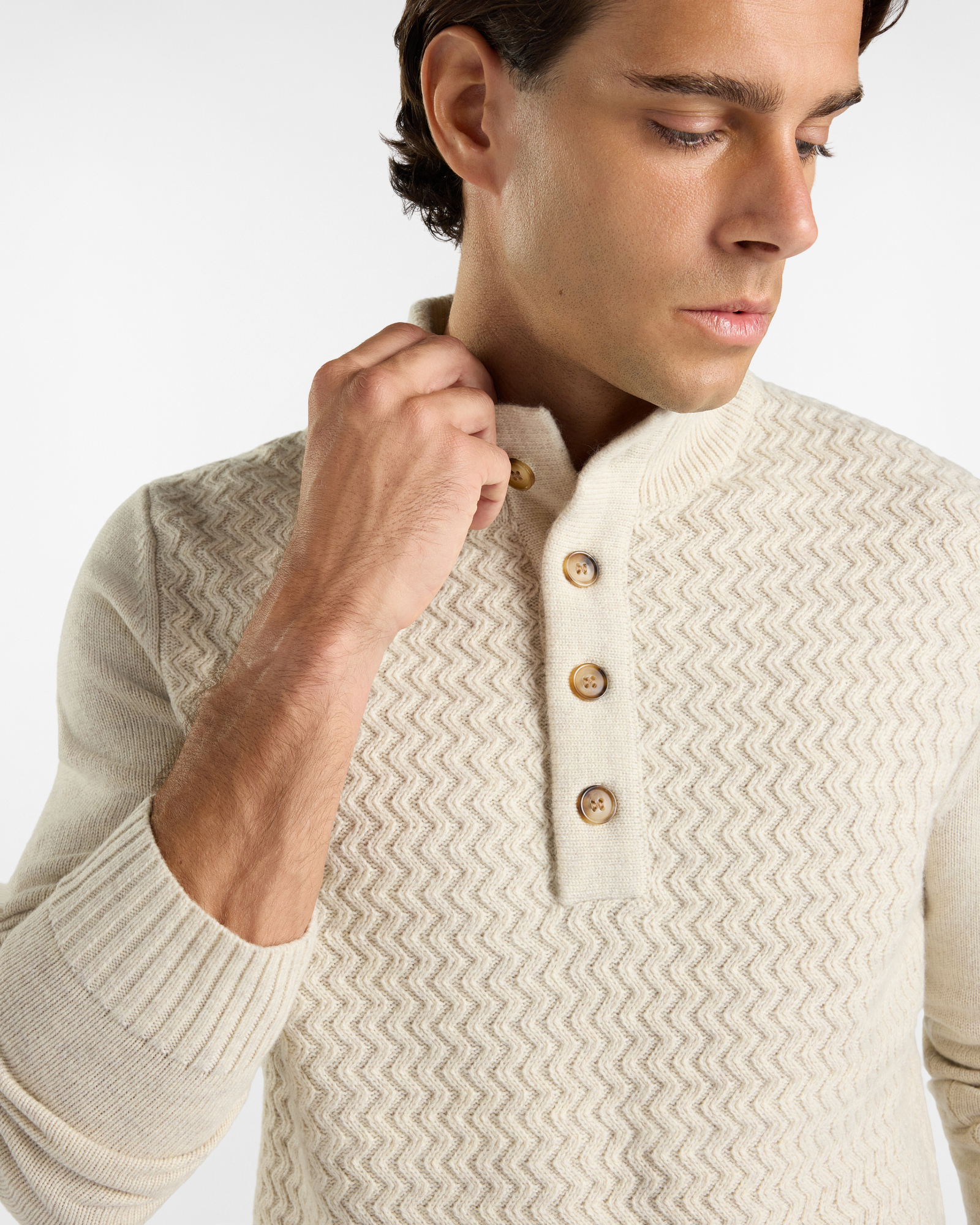 Maglia HBJ Uomo con Collo Alto e Finta Bottonata in Misto Mohair, BIANCO, large