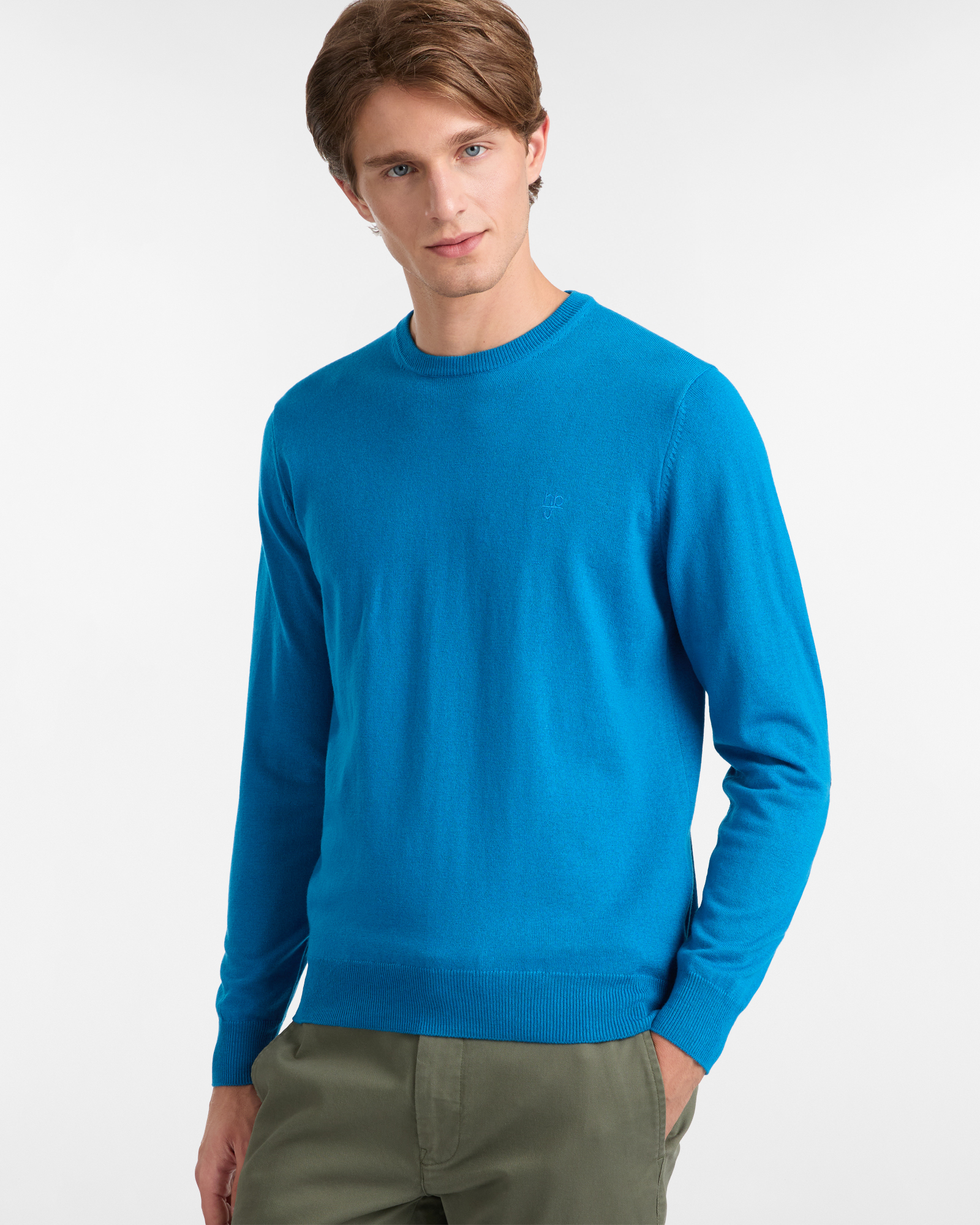 Maglione Girocollo con Toppe a Quadri, Turchese, large
