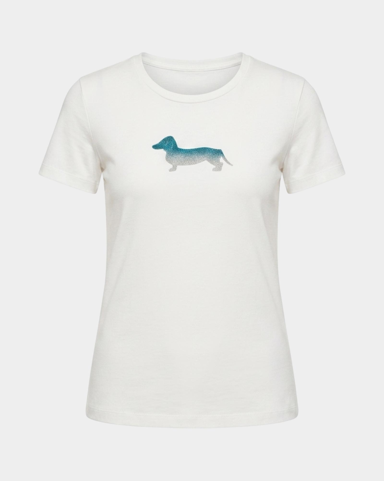 Camiseta de mujer en algod&oacute;n el&aacute;stico  con Maxi perro salchicha glitter, BLANCO, large