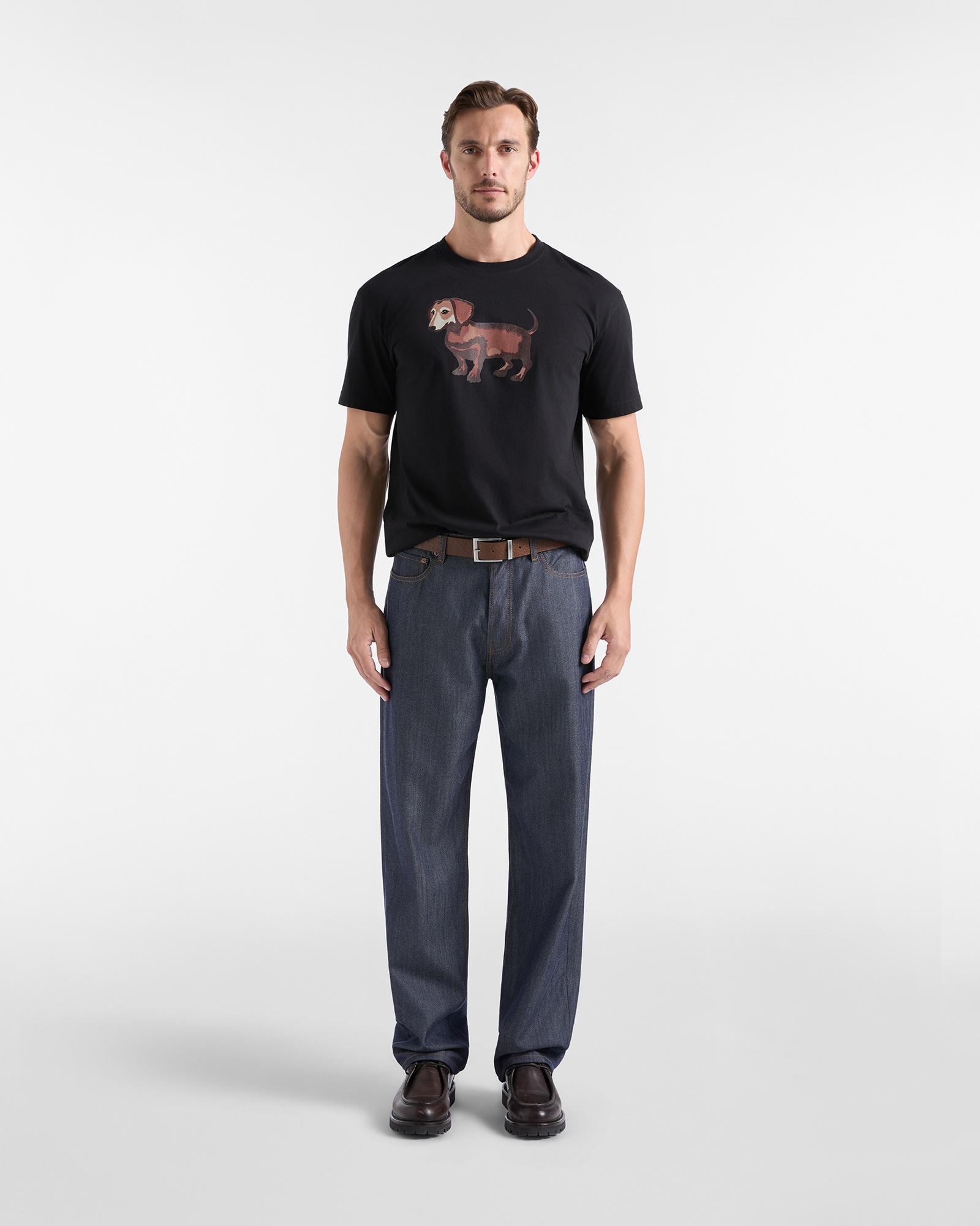 T-shirt Uomo in Jersey di Puro Cotone con Stampa Bassotto Effetto Acquerello, NERO, large