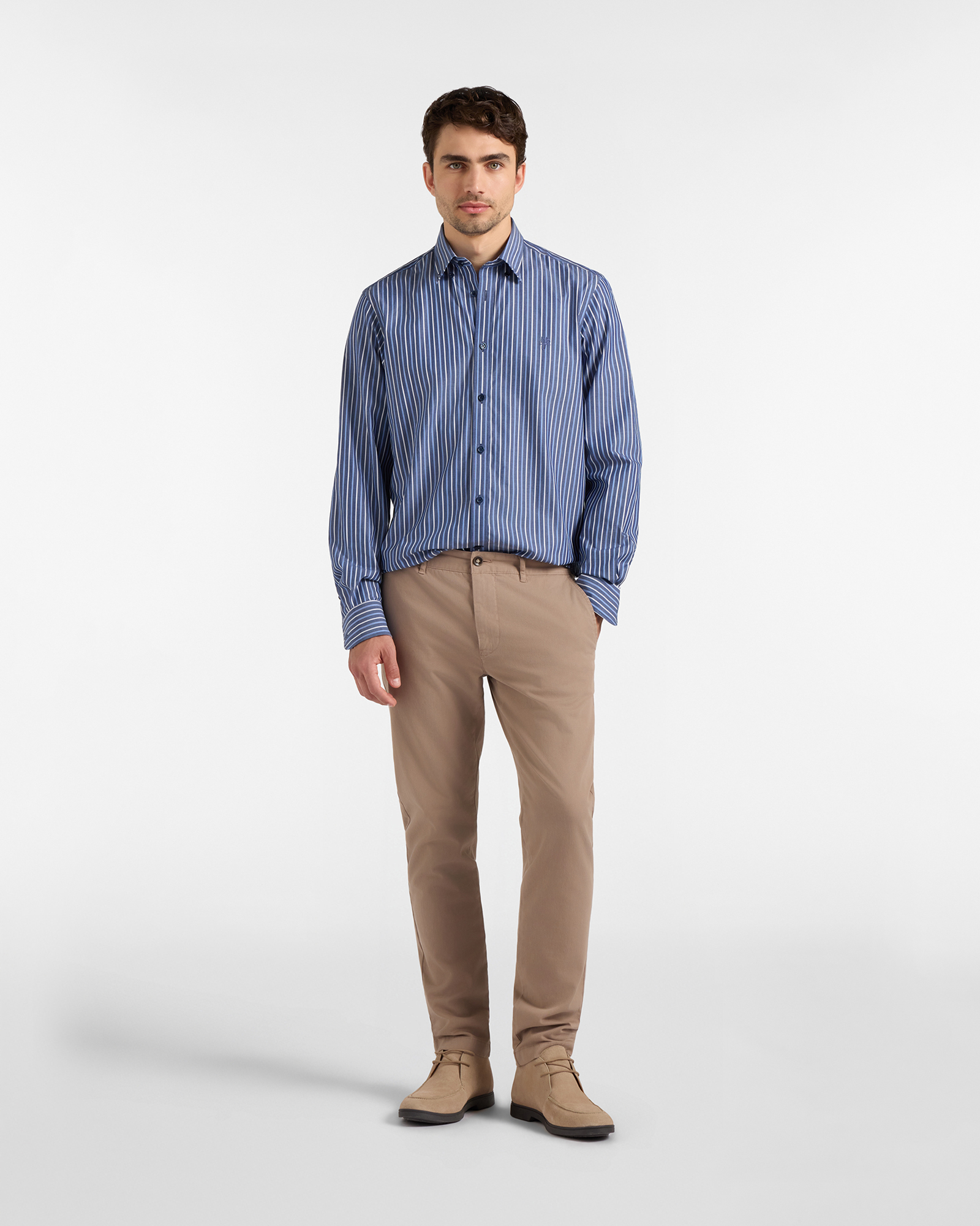 Camicia HBJ Uomo Regular Fit con collo Montecarlo in puro cotone a righe, BLU DENIM, large
