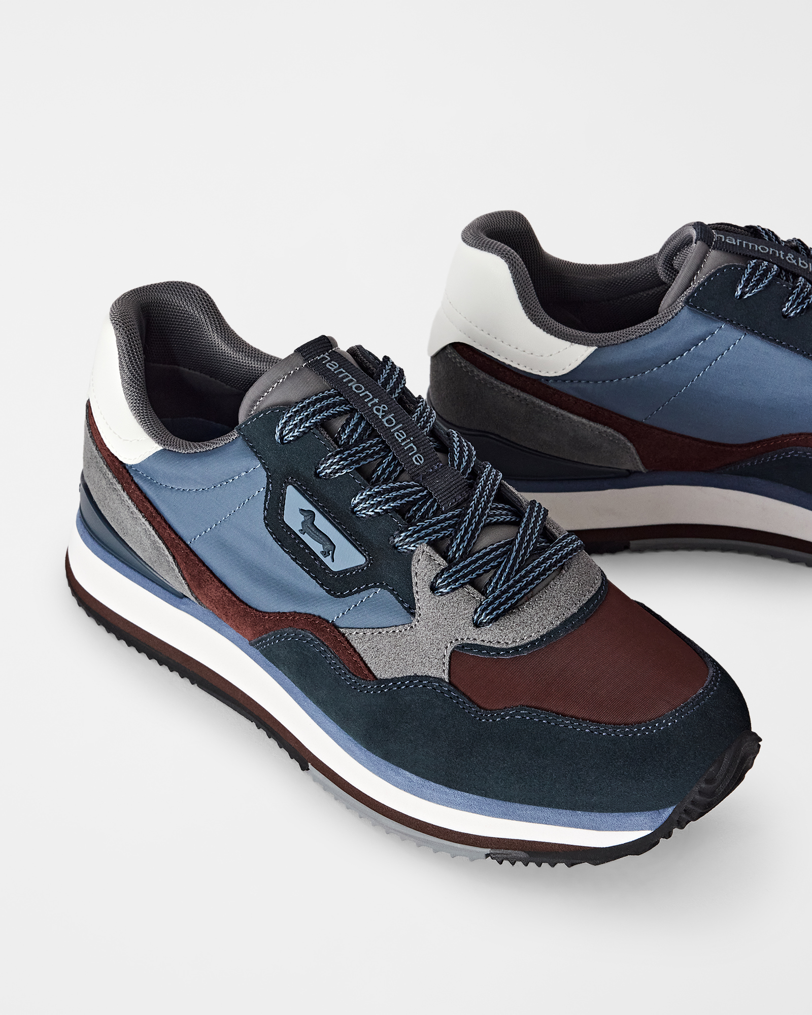 Men's running sneakers in three-tone suede and three-tone technical fabric, BLUE - BROWN, large