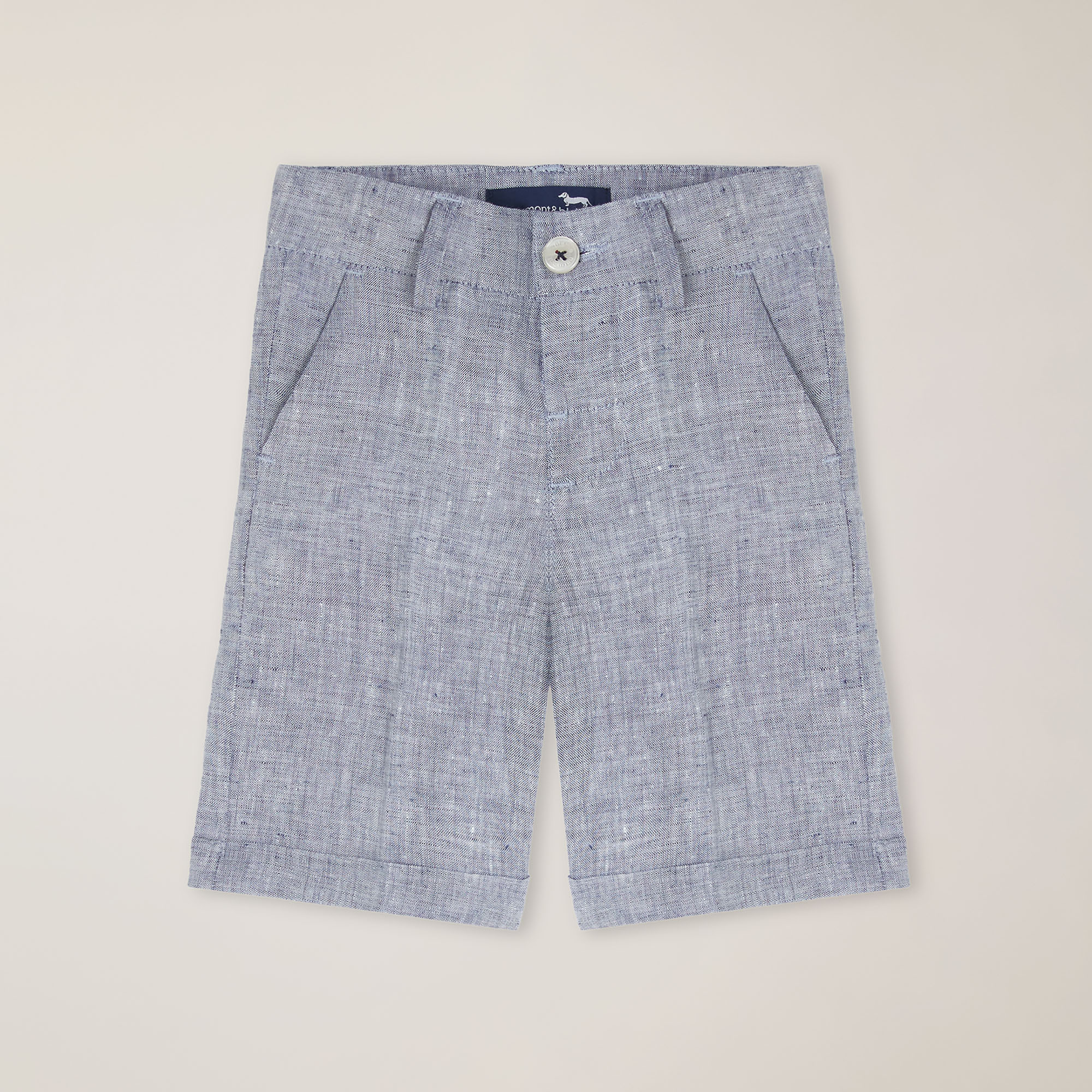 Melange linen Bermuda shorts with Dachshund embroidery, Light Blue, large