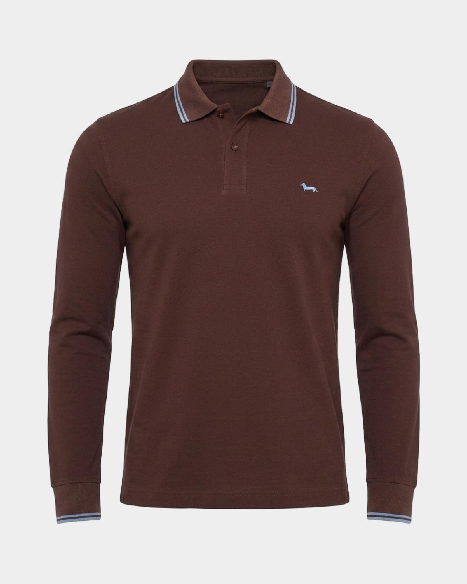 Men's long-sleeve 100% pure cotton piqu&eacute; polo shirt, DARK BROWN, large