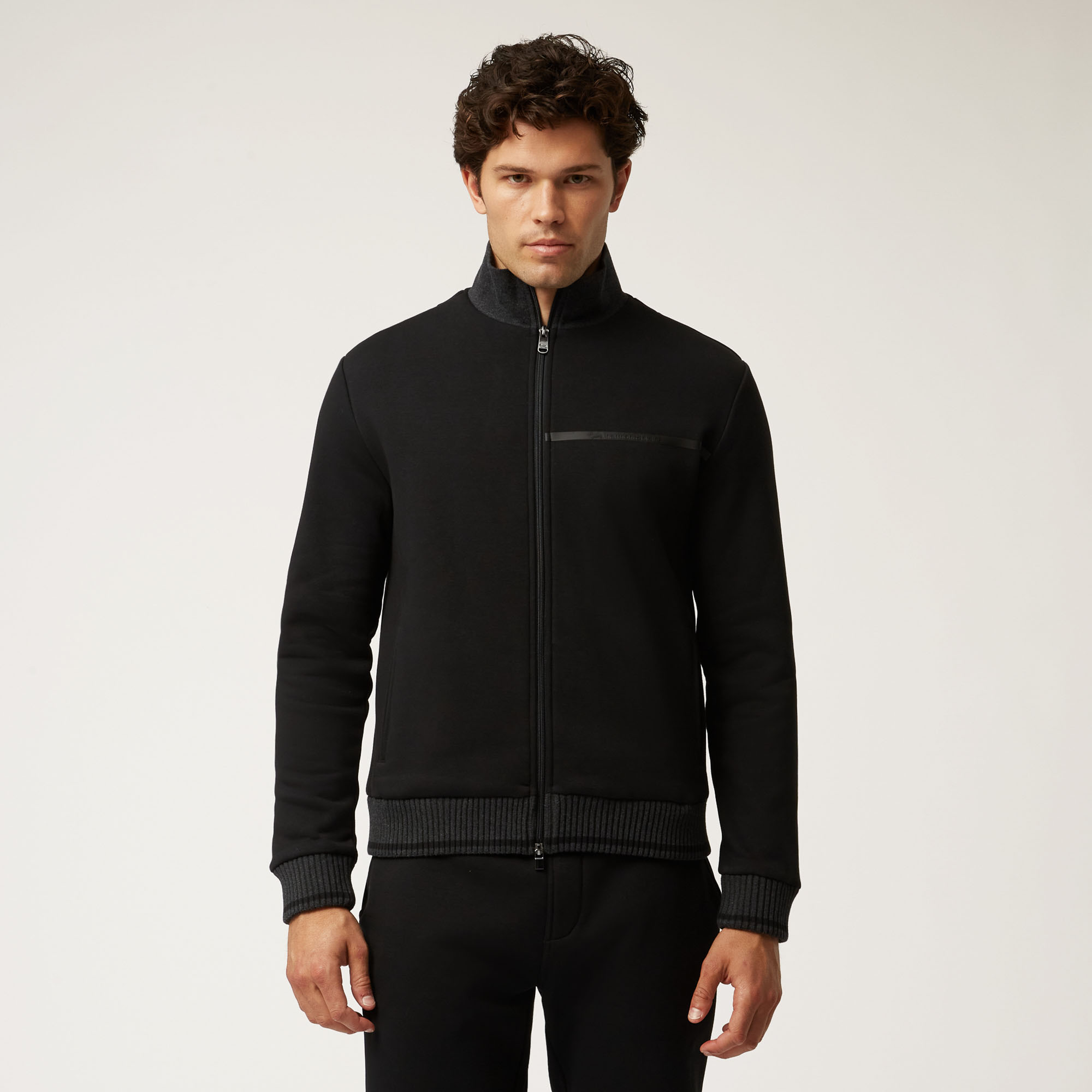 Full-Zip Athleisure Sweatshirt With Contrasting Logo, Black, large image number 0