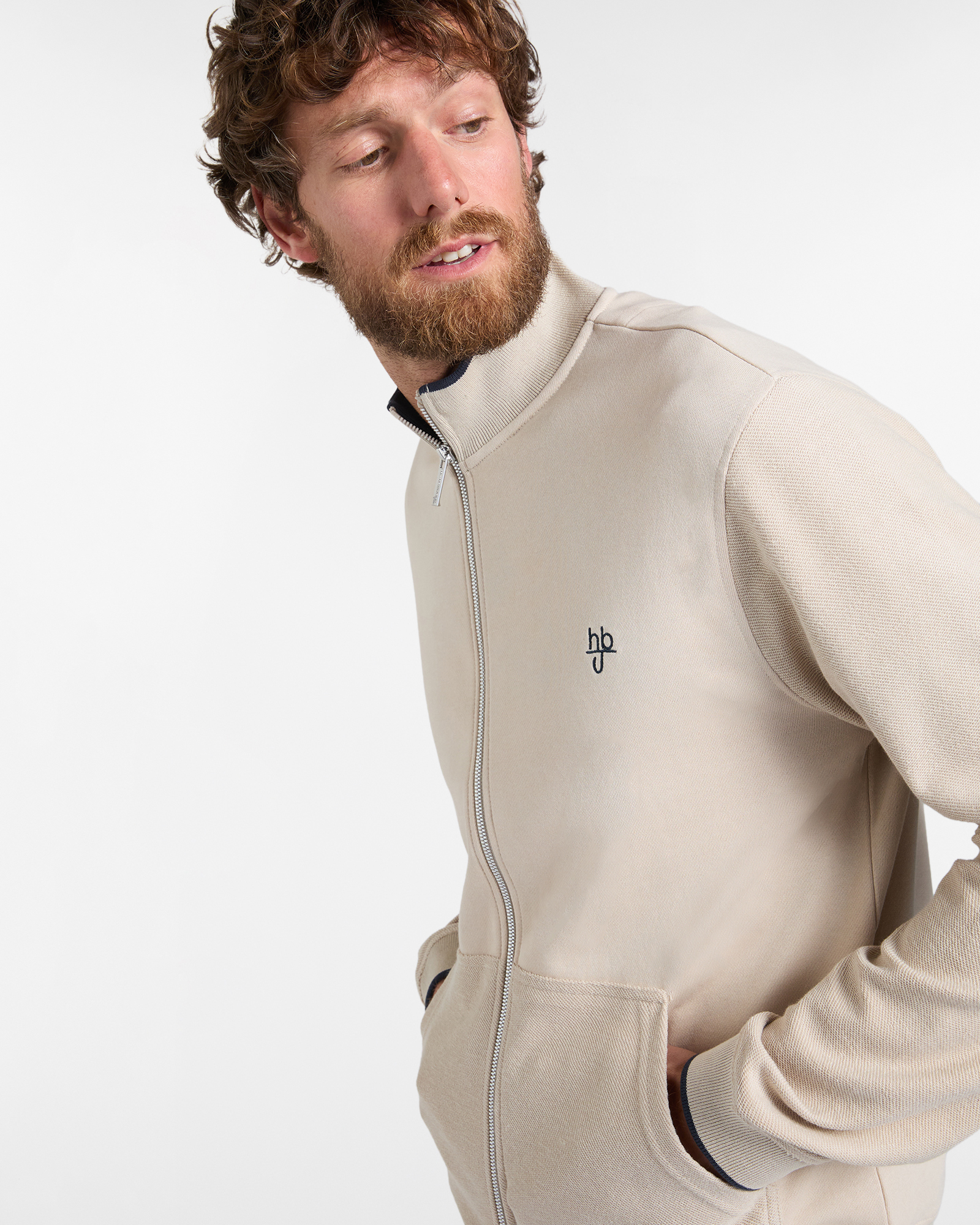 Felpa Uomo Full Zip e Tasche in Tessuto Reverse, Beige, large image number 2