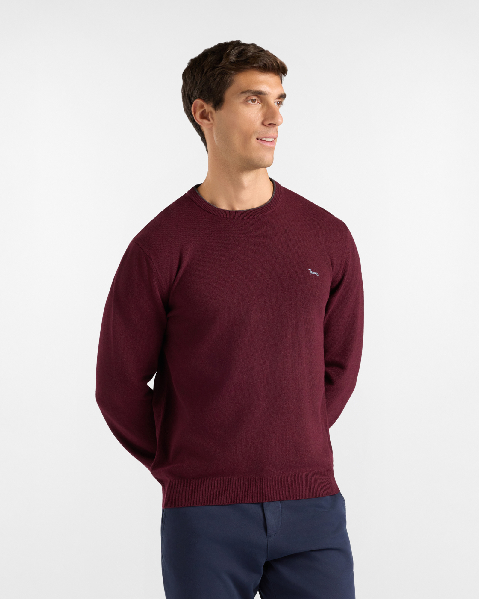 Men's crewneck sweater with contrasting trim in a red wool and cashmere blend with regular fit