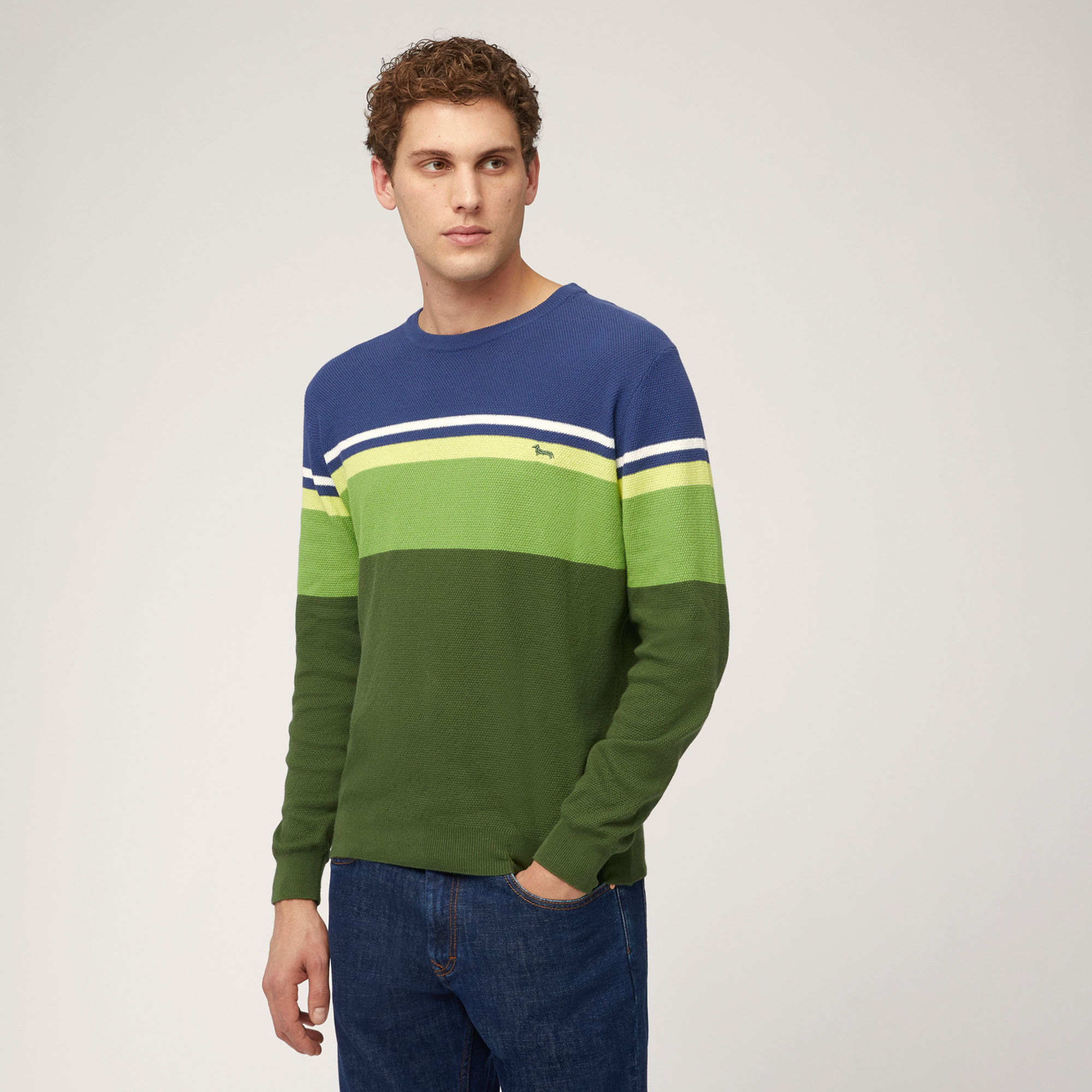 Pullover Girocollo In Cotone Organico Color Block