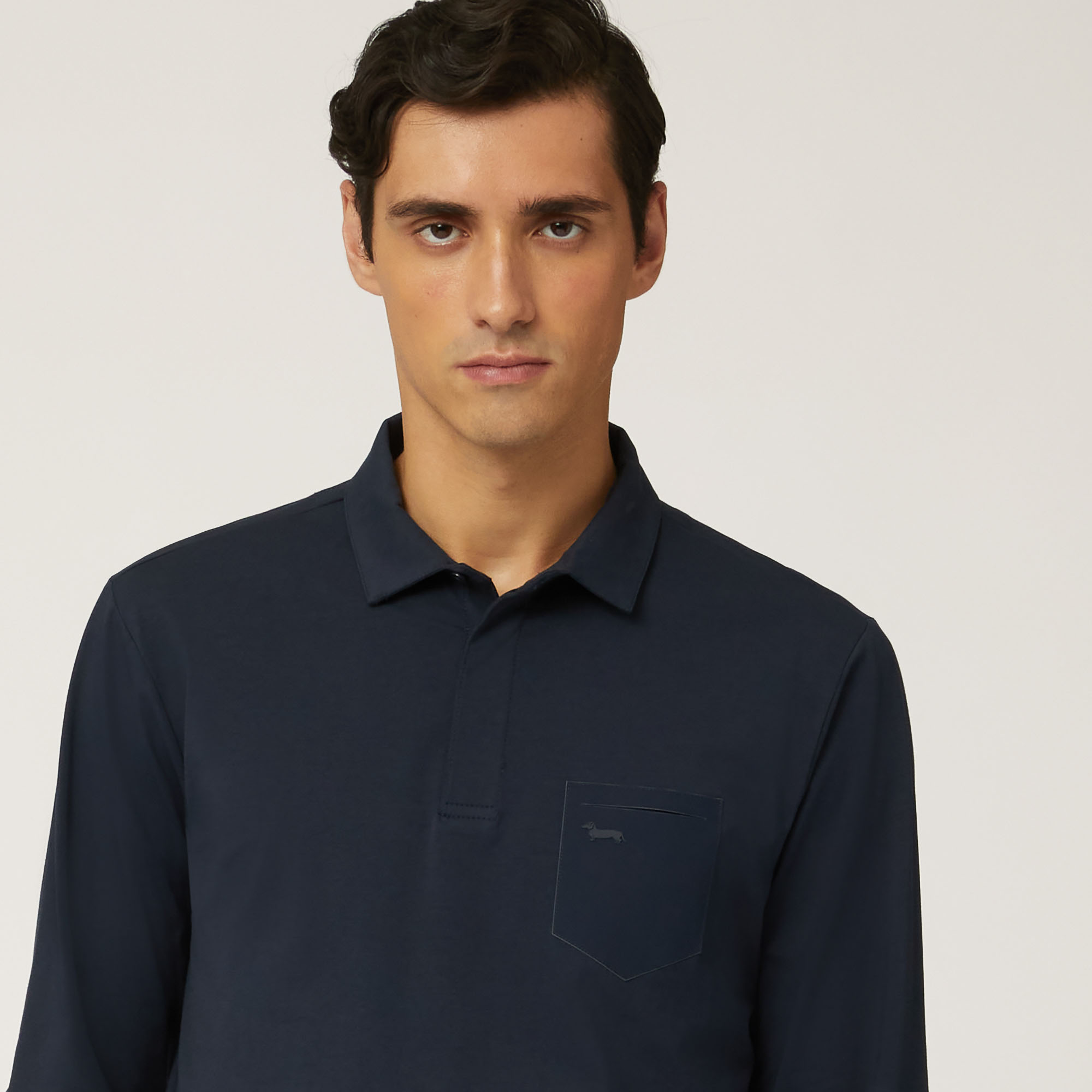 Polo A Maniche Lunghe In Cotone Stretch Con Taschino, Blu Navy, large image number 2