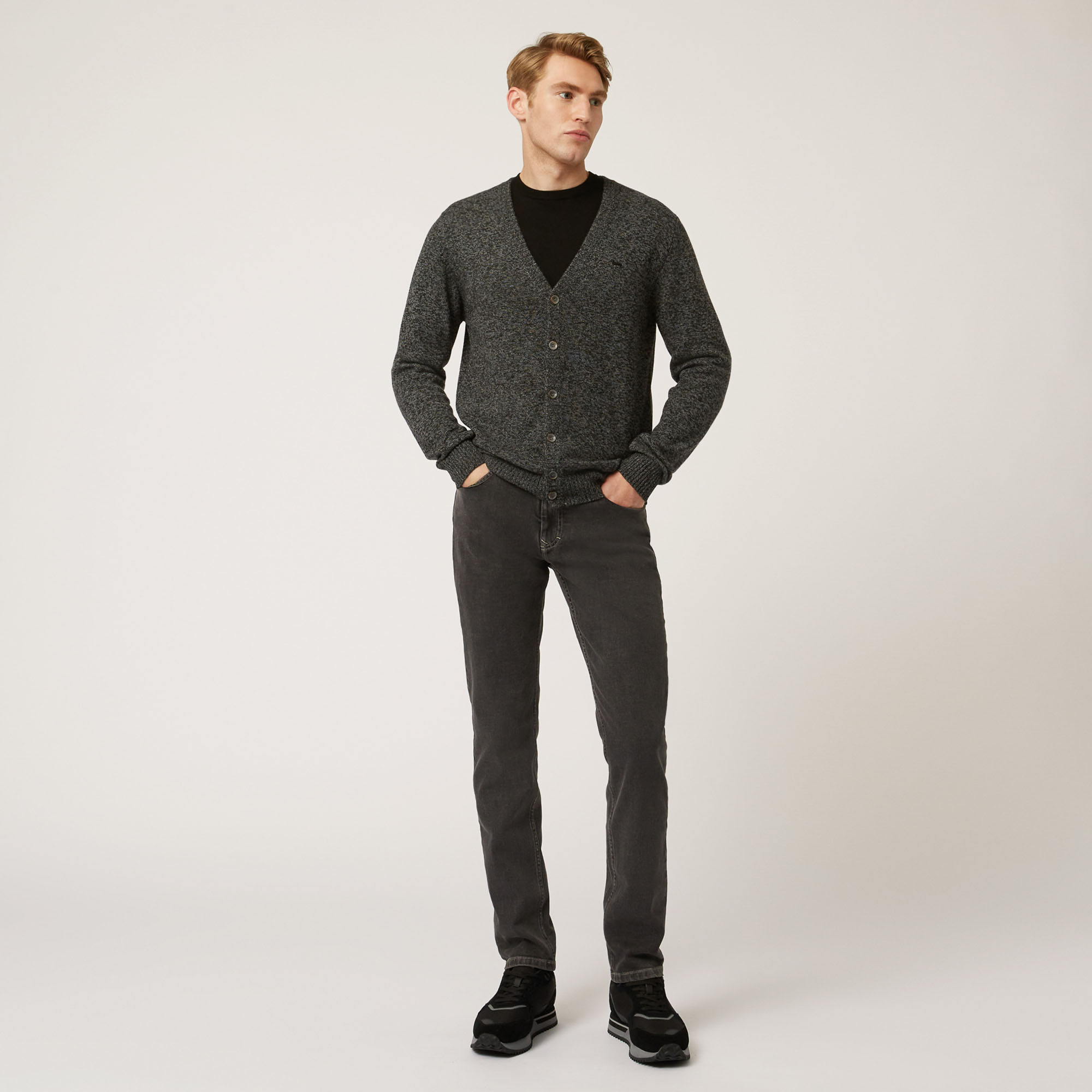 Cardigan Con Scollo A V E Bottoni, Grigio, large image number 3