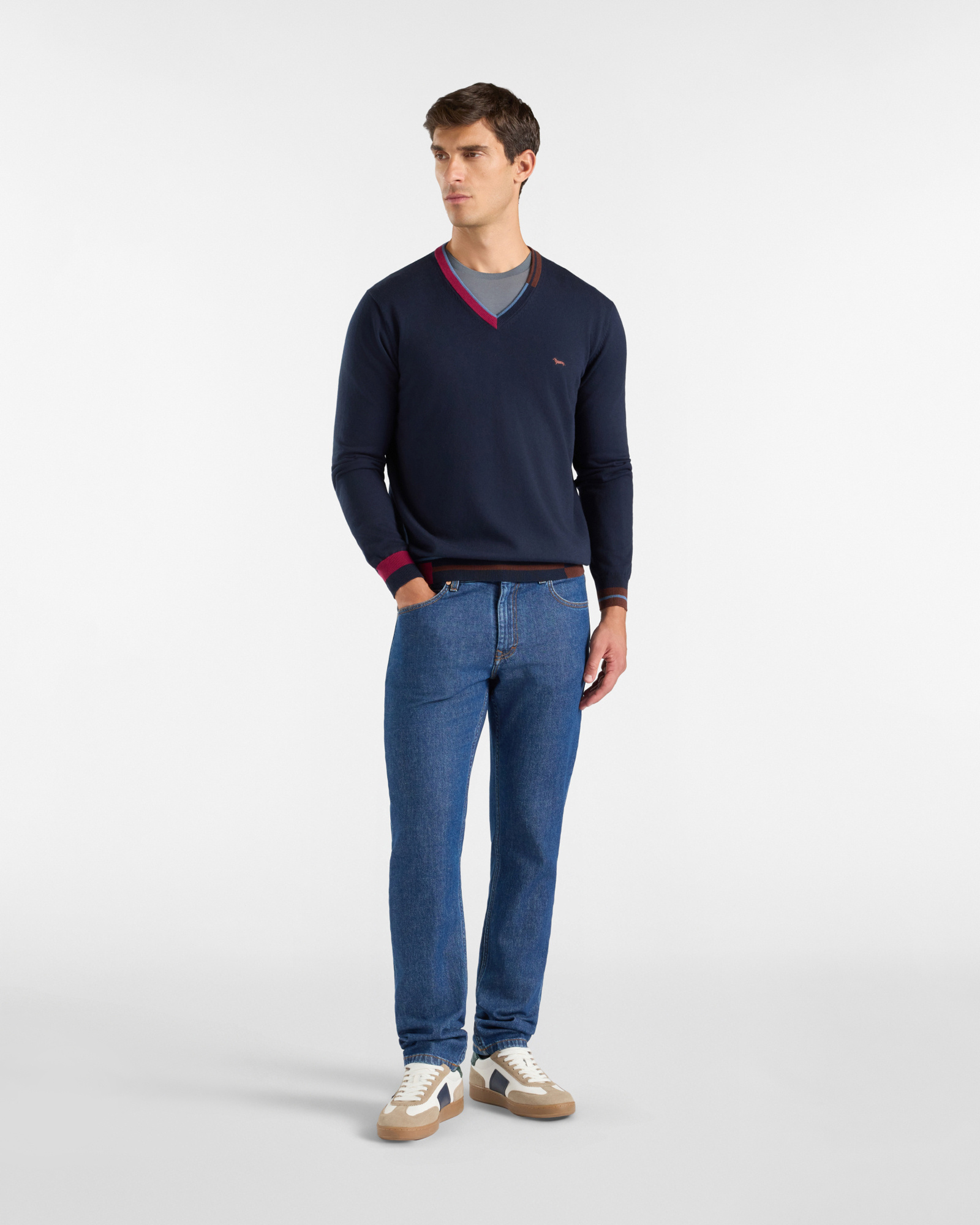 Maglia Uomo con scollo a V in misto lana e cotone Regular Fit, AZUL MARINO, large