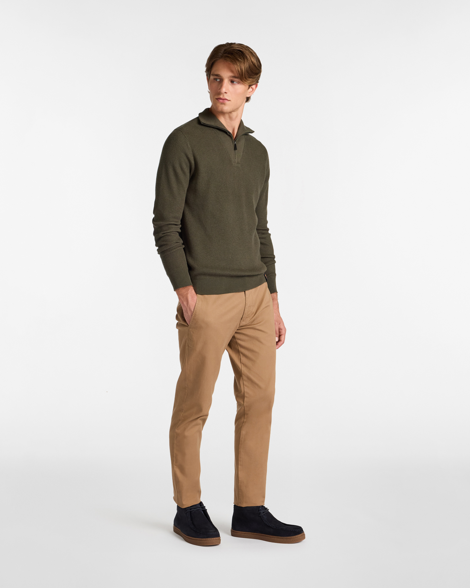 Half Zip Ribbed Sweater with High Collar, Olive Green, large image number 3