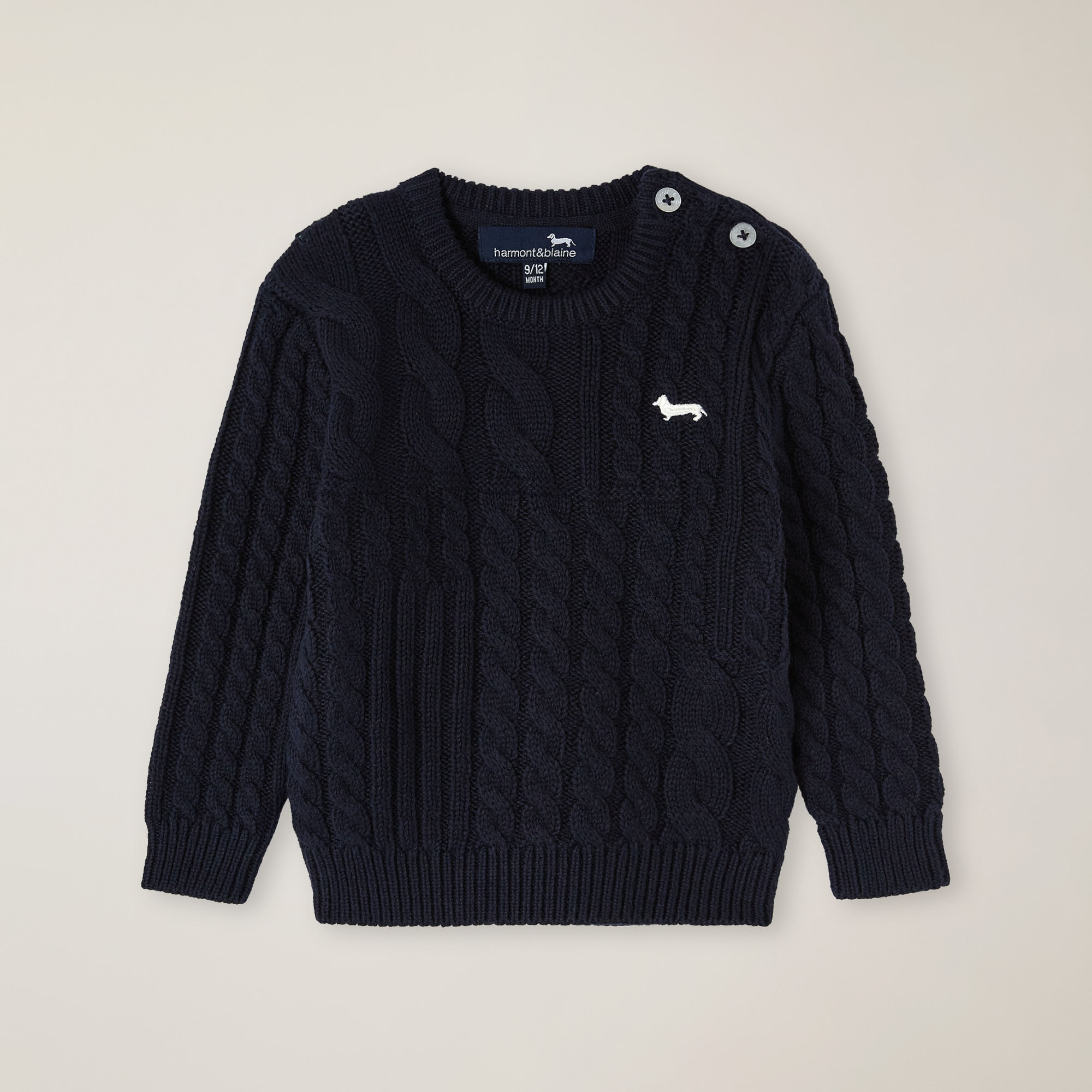 Cable crew neck with patchwork effect, Navy blue, large