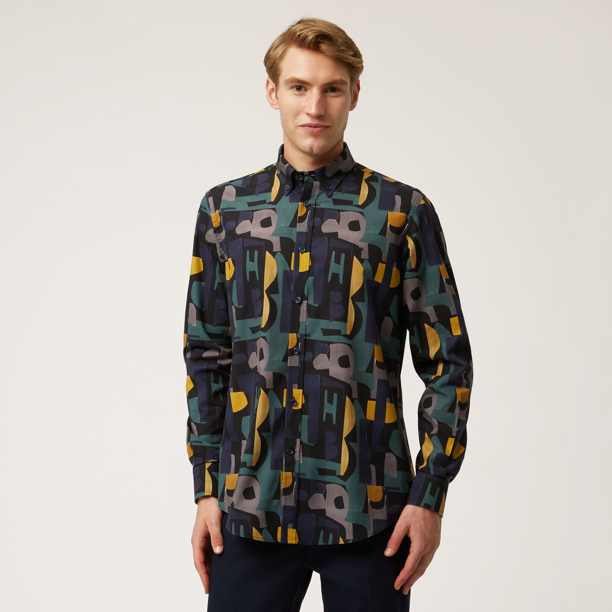 Camicia In Cotone Con Stampa Hb All-Over, Blu Navy, large image number 0