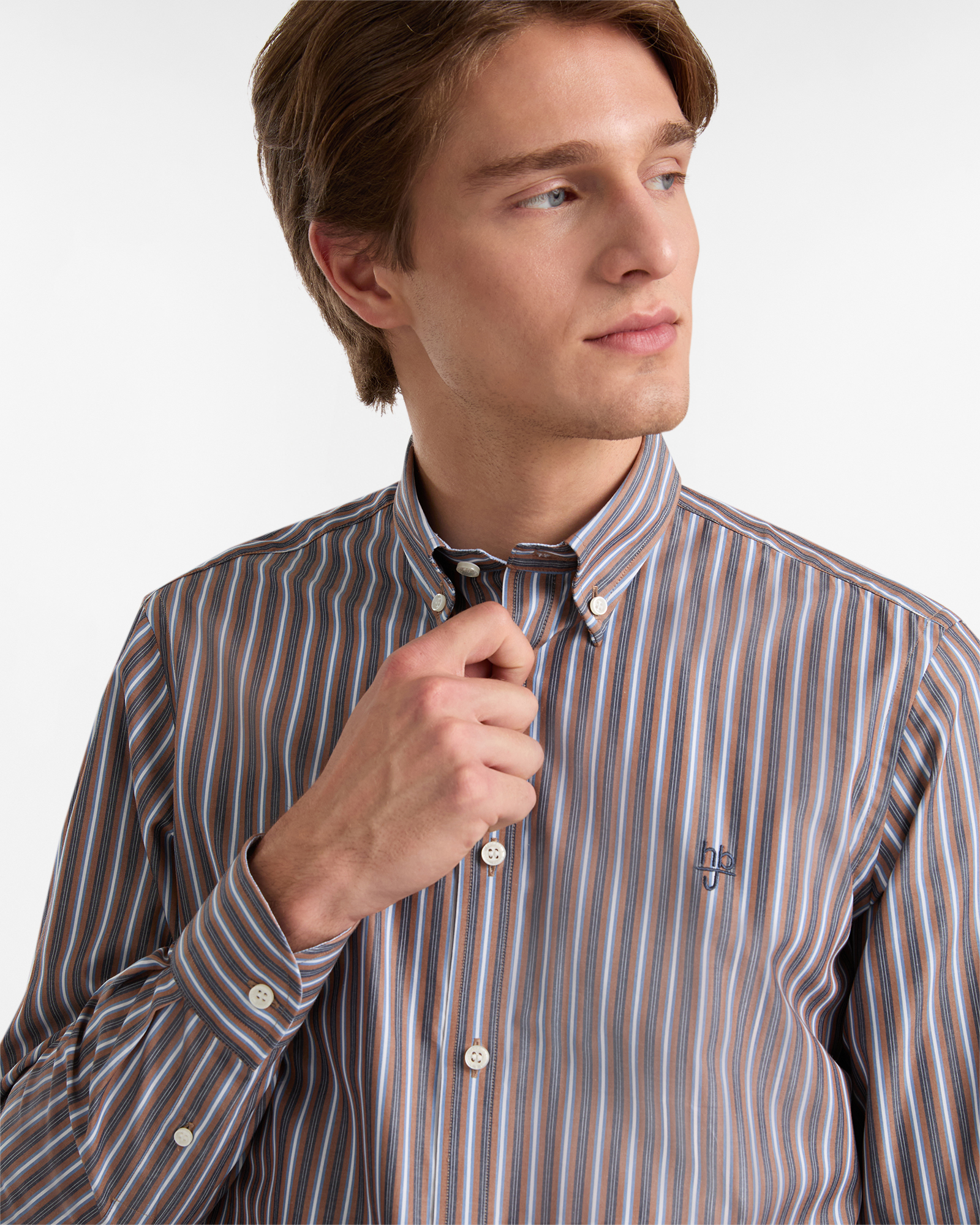 Camicia a Righe in Cotone con Logo Ricamato, Marrone, large image number 2