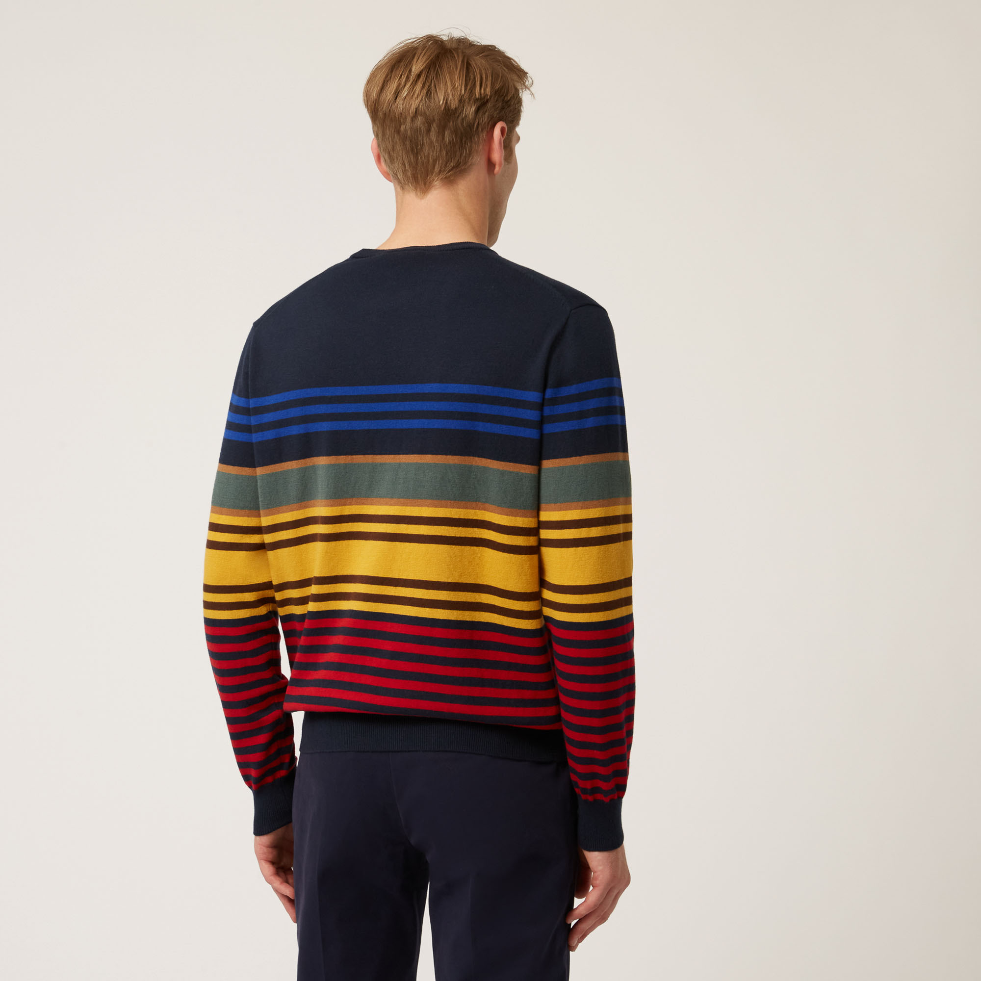 Wool And Cotton Crew-Neck Pullover With Horizontal Stripes, Blue, large image number 1
