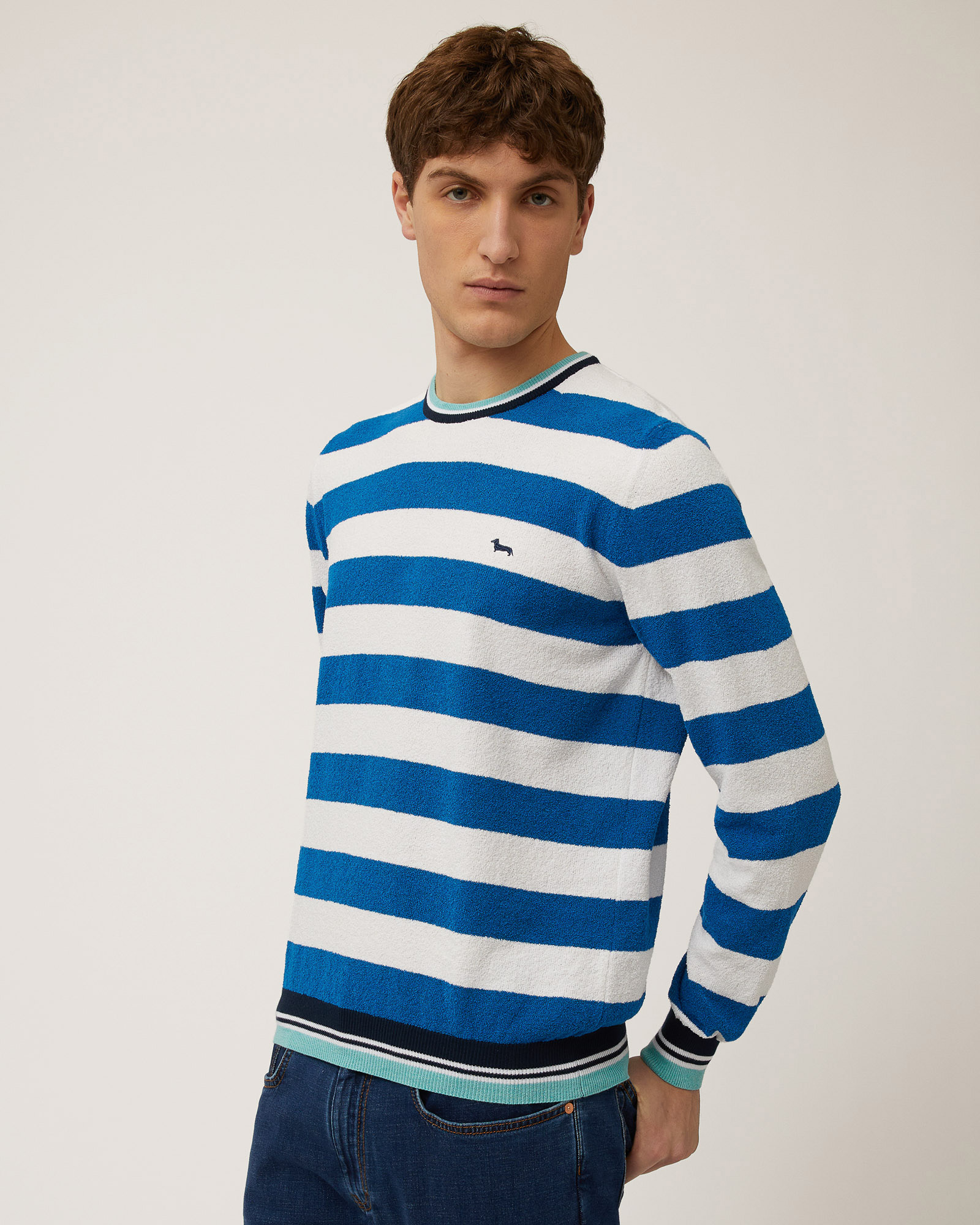 Gestreifter Pullover aus Frottee, Lidschattenblau, large image number 0