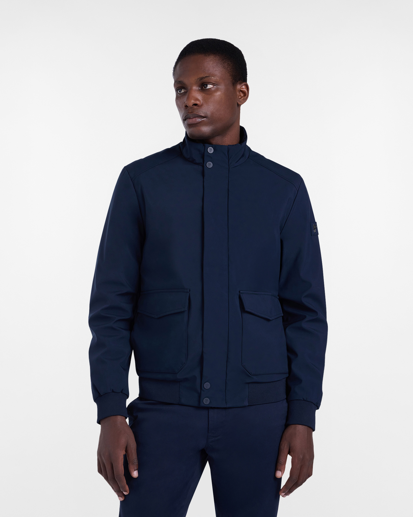 Soft Shell Jacket with Stand-Up Collar and Utility Pockets, Dark Blue, large