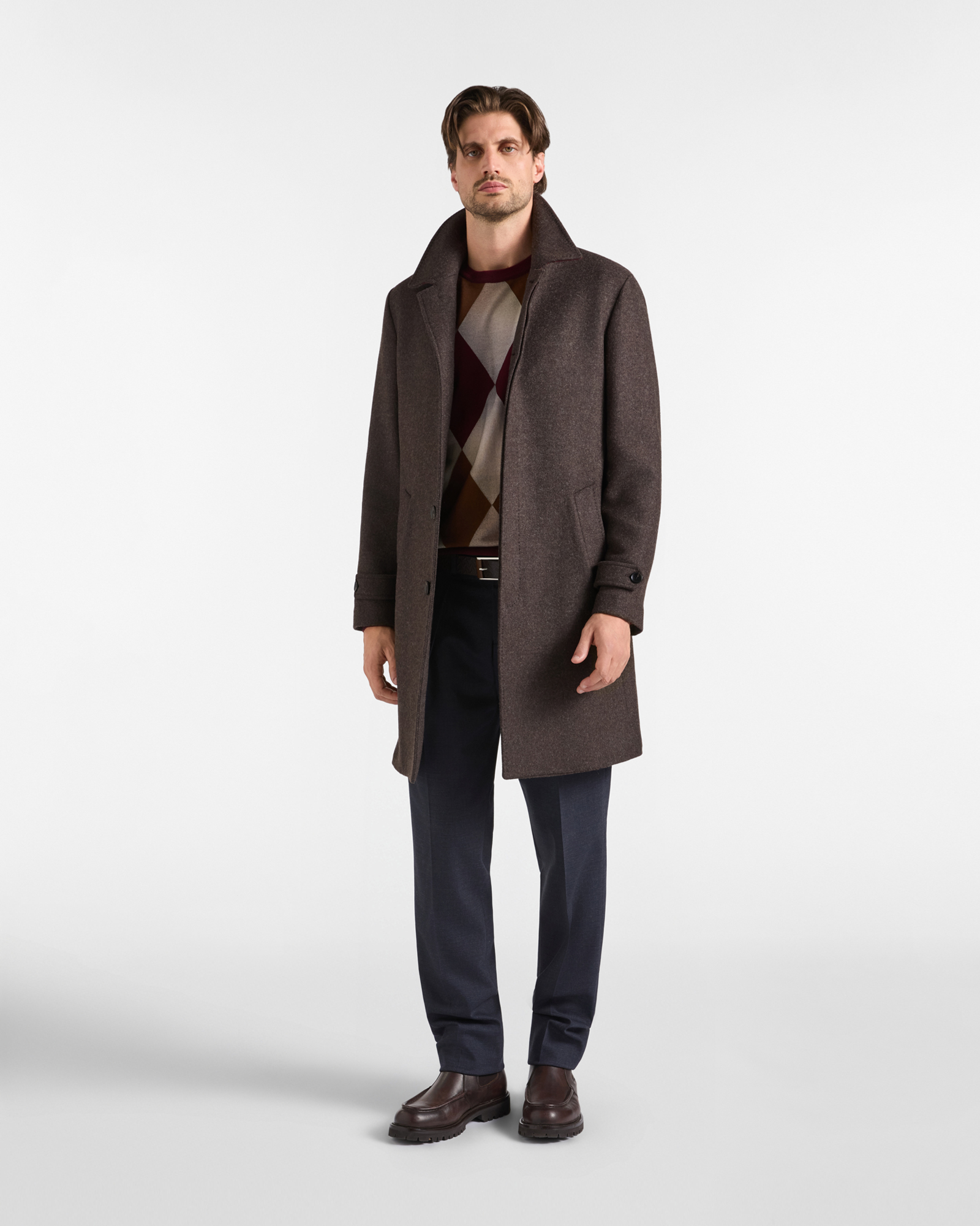 Men&rsquo;s Wool-Blend Coat with Check Details &ndash; &lsquo;Qualit&agrave; a Colori&rsquo; Capsule Collection, DARK BROWN, large
