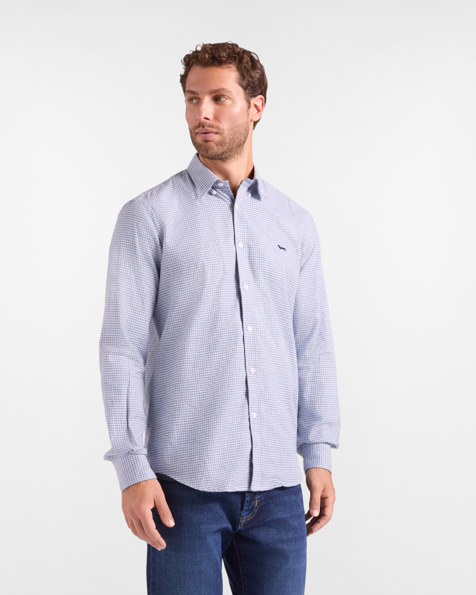 Men&rsquo;s navy blue checked cashmere-blend flannel shirt