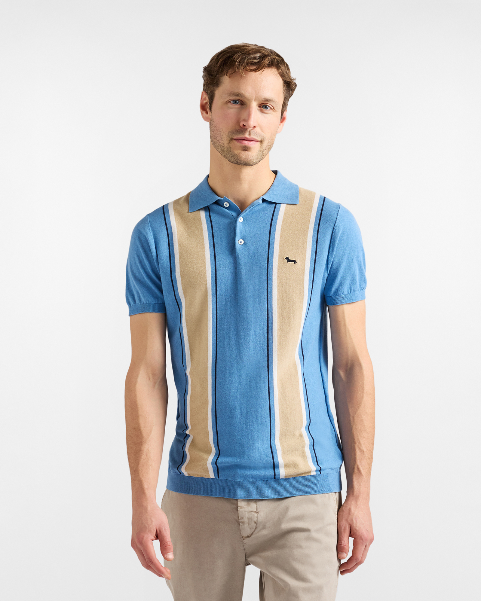 Knit polo shirt with vertical stripes