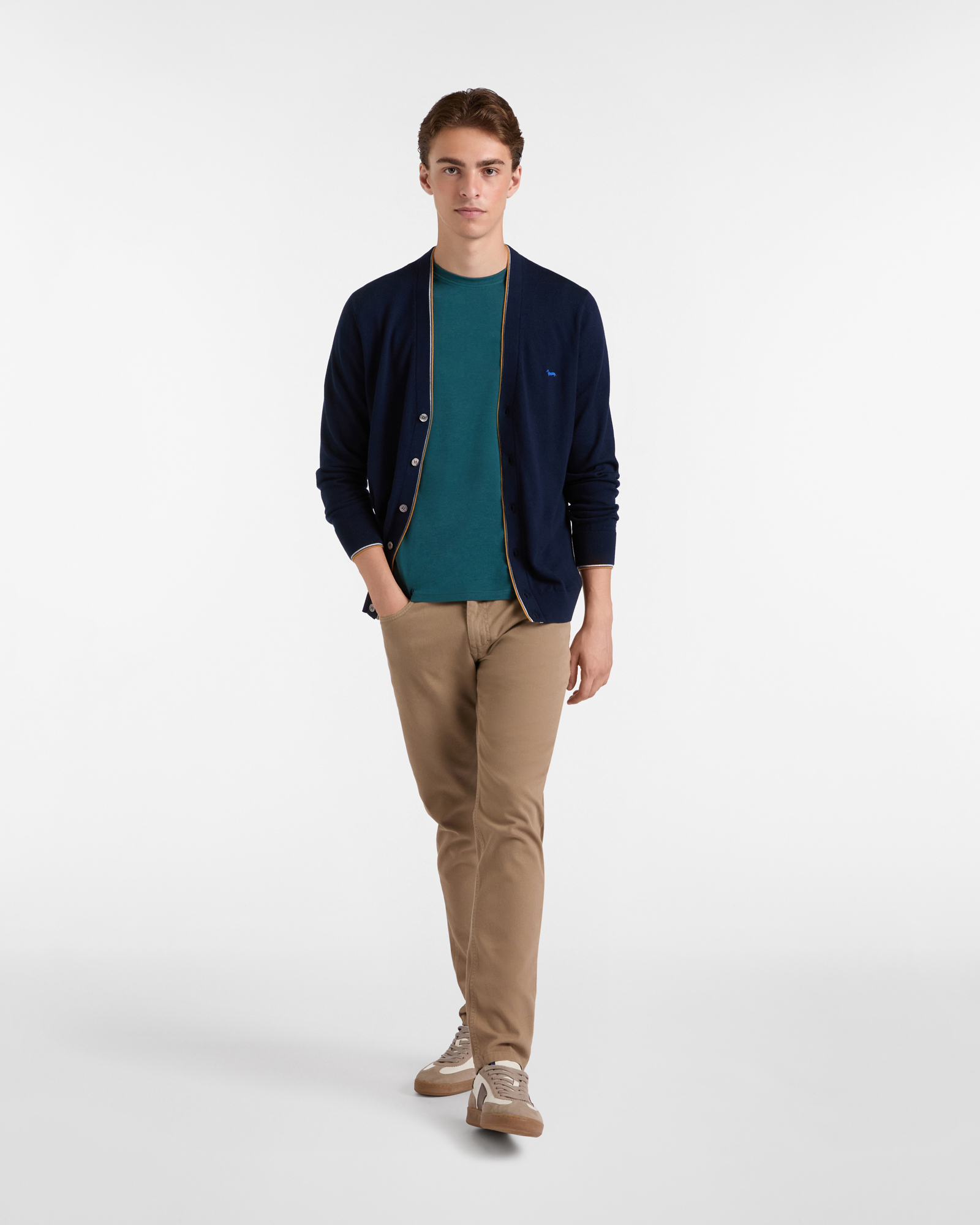 Wool Cardigan with Striped Edges, Navy Blue, large image number 3