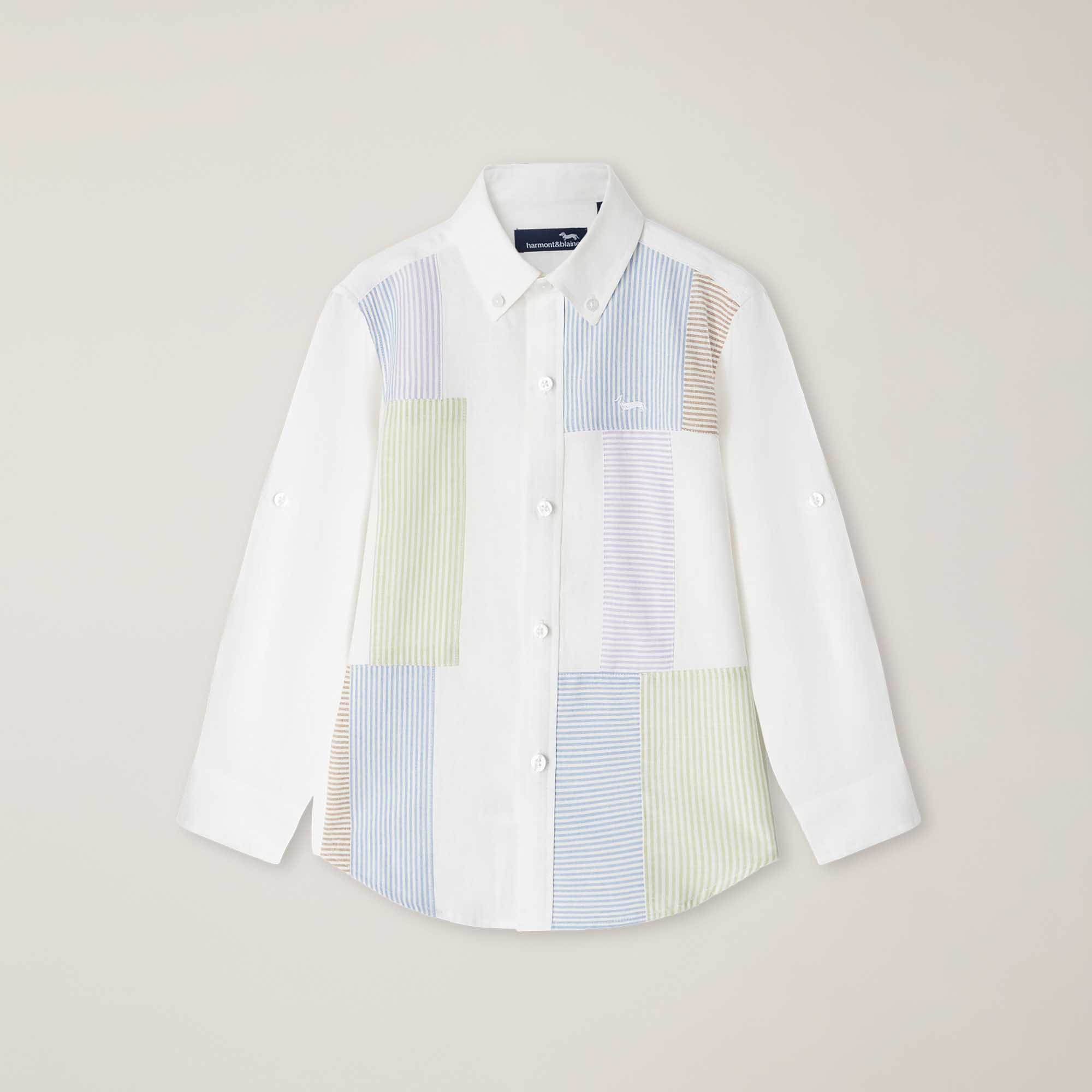 Patchwork linen shirt with Dachshund embroidery