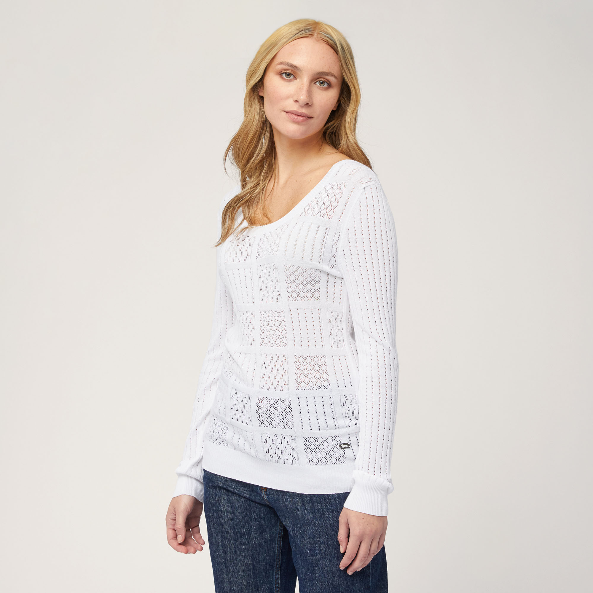 Mixed Stitch Sweater, White, large
