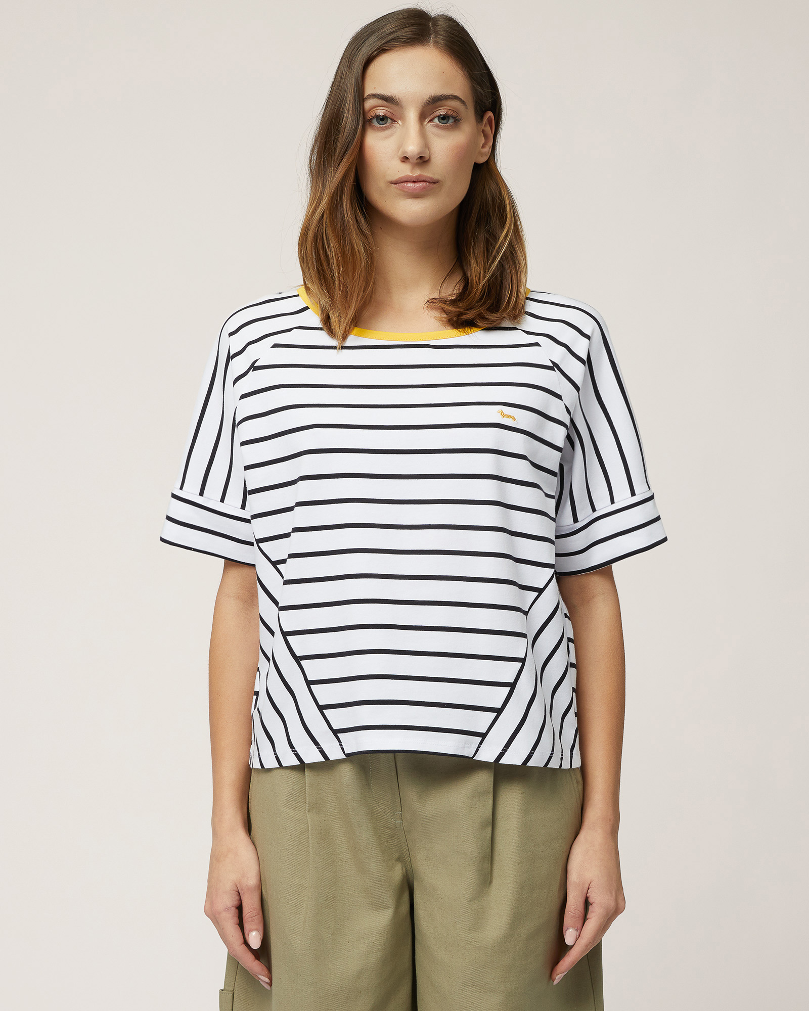 Boxy Striped Cotton T-Shirt, Navy Blue, large image number 0