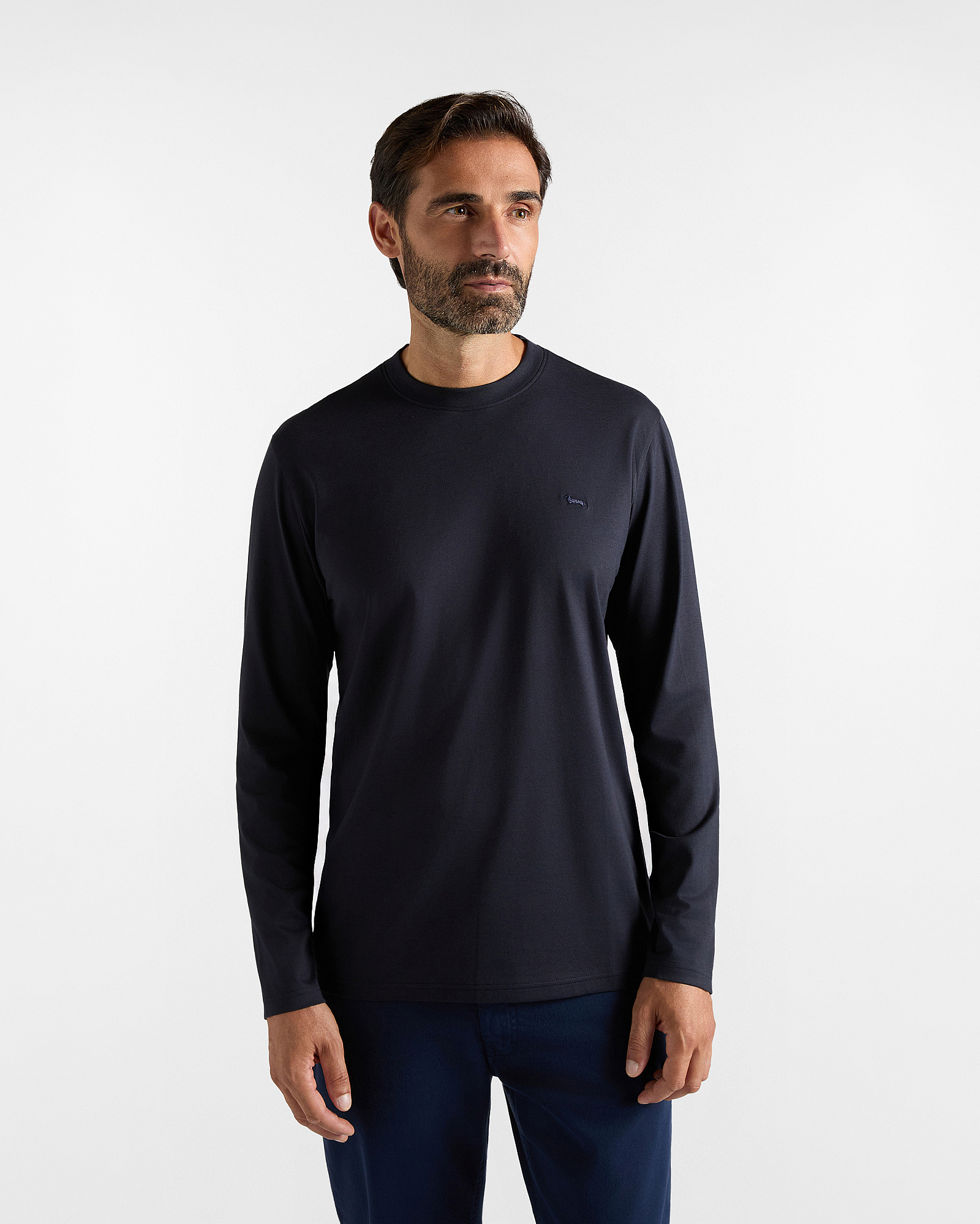 Men&rsquo;s long-sleeved T-shirt in pure cotton jersey with contrasting dachshund, NAVY BLUE, large